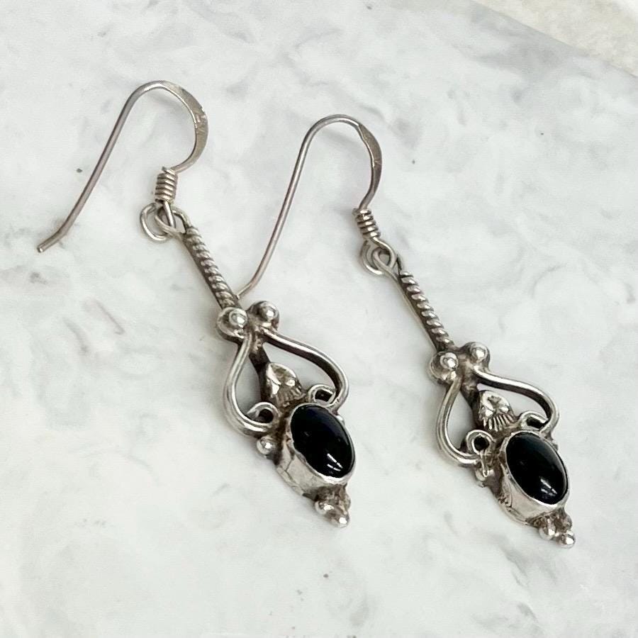 Sterling Silver Ethnic Black Onyx Drop Earrings : Vintage MillyOliverVintage