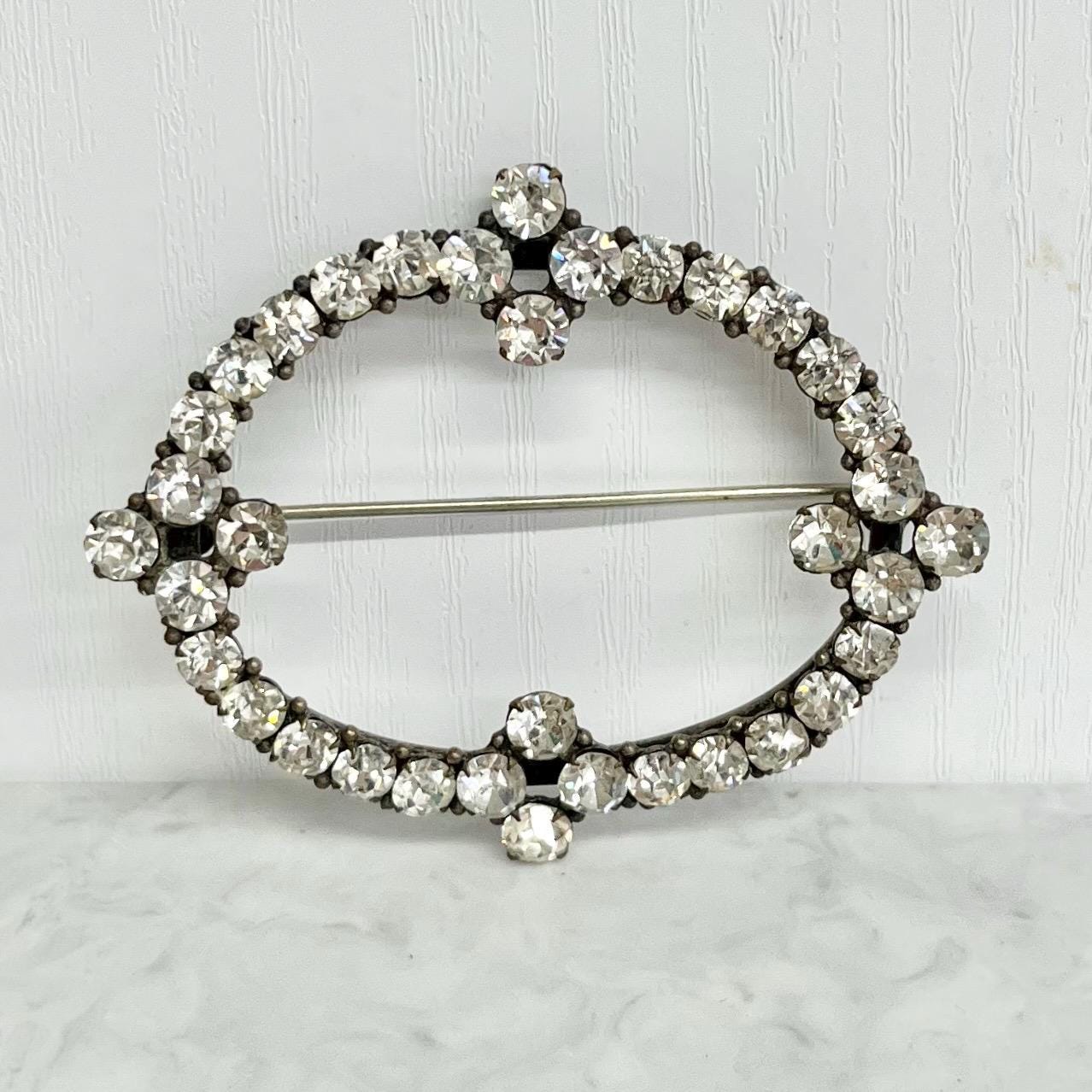 Large Clear Crystal Oval Brooch in a Brass / Silver Tone Setting : Vintage Sparkly Paste Jewellery MillyOliverVintage