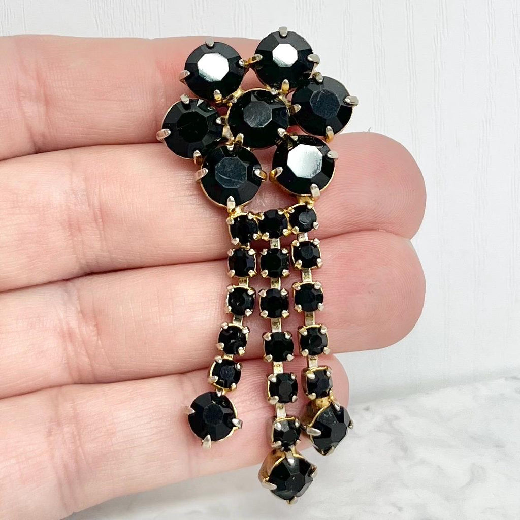 Black Austrian Crystal Flower Drop Brooch : Gold Plate with Three Long Tassles Statement Piece MillyOliverVintage