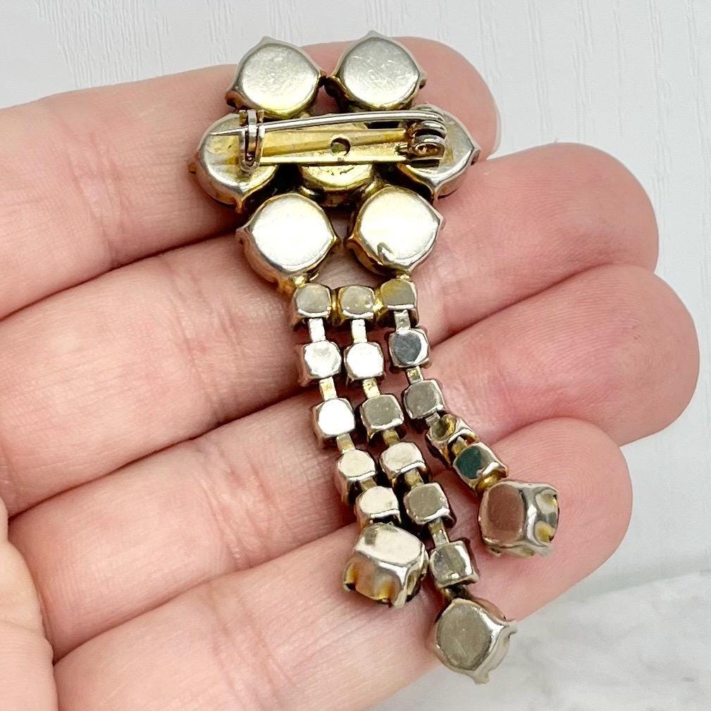 Black Austrian Crystal Flower Drop Brooch : Gold Plate with Three Long Tassles Statement Piece MillyOliverVintage
