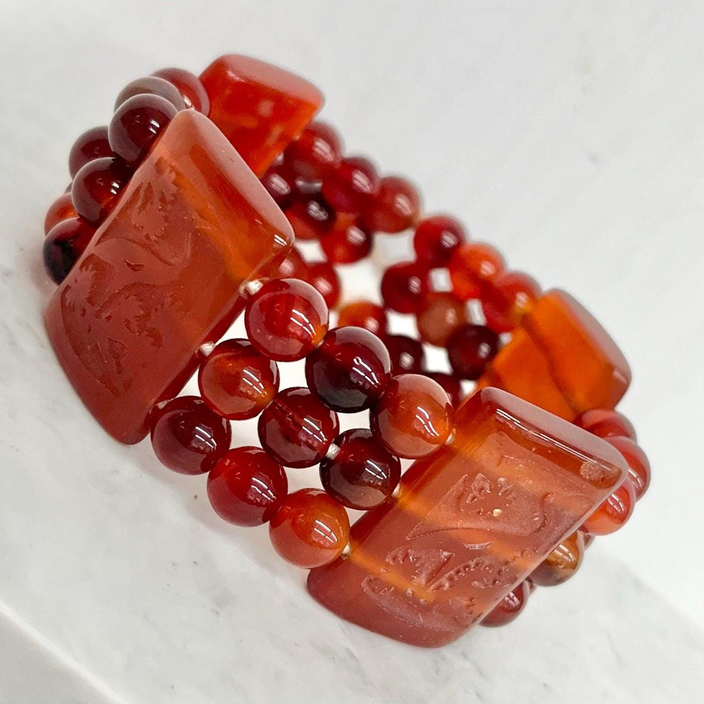 Vintage Orange Carnelian Stone Bracelet Semi Precious Three Strand Stretch Bracelet with Carvec Heron Details MillyOliverVintage