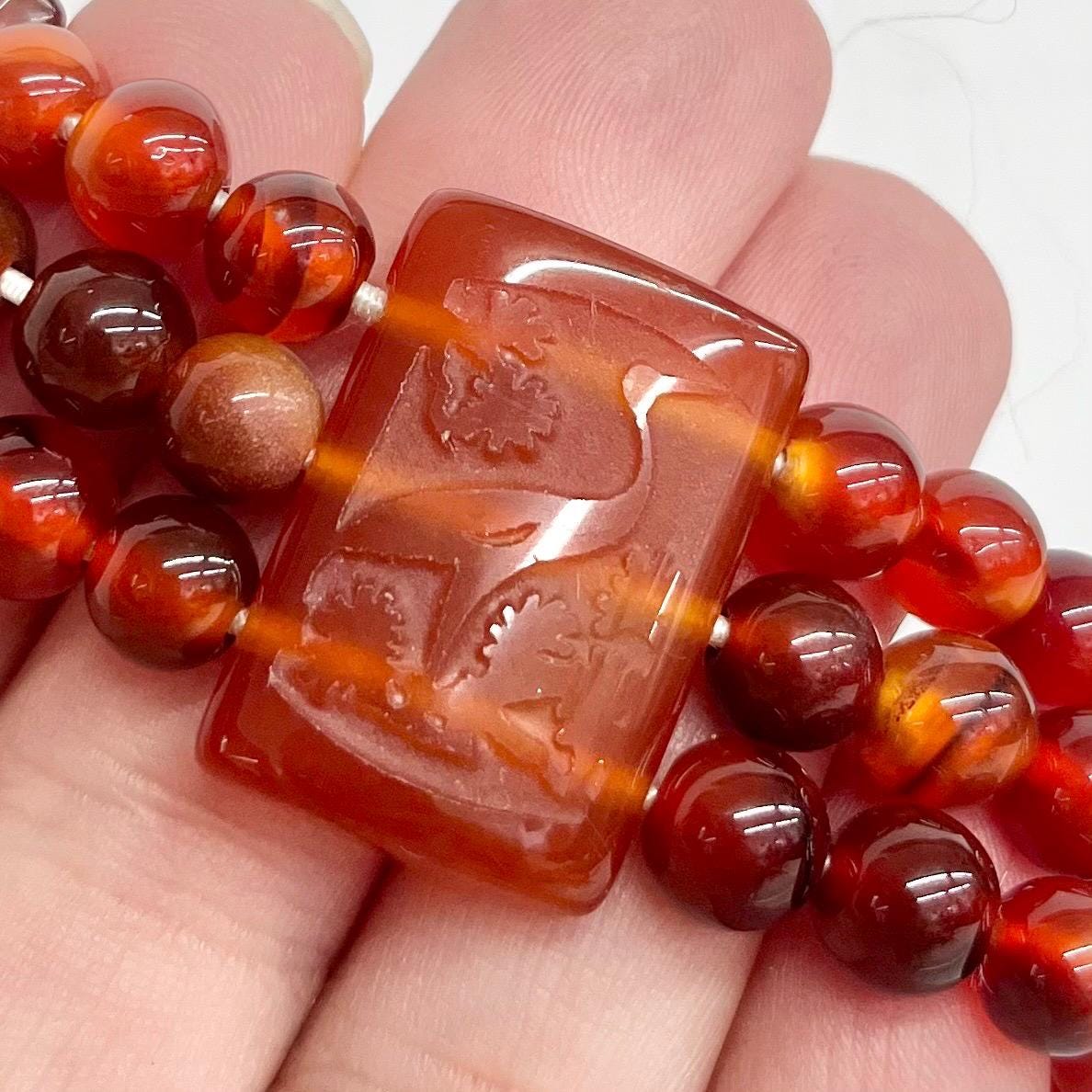 Vintage Orange Carnelian Stone Bracelet Semi Precious Three Strand Stretch Bracelet with Carvec Heron Details MillyOliverVintage