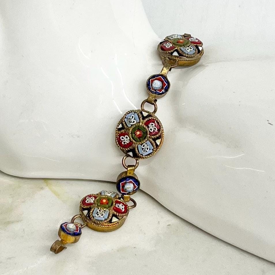 Italian Micro Mosaic Bracelet : Vintagr Glass Tiled Mosaics in a Brass Setting 7.5” Long MillyOliverVintage