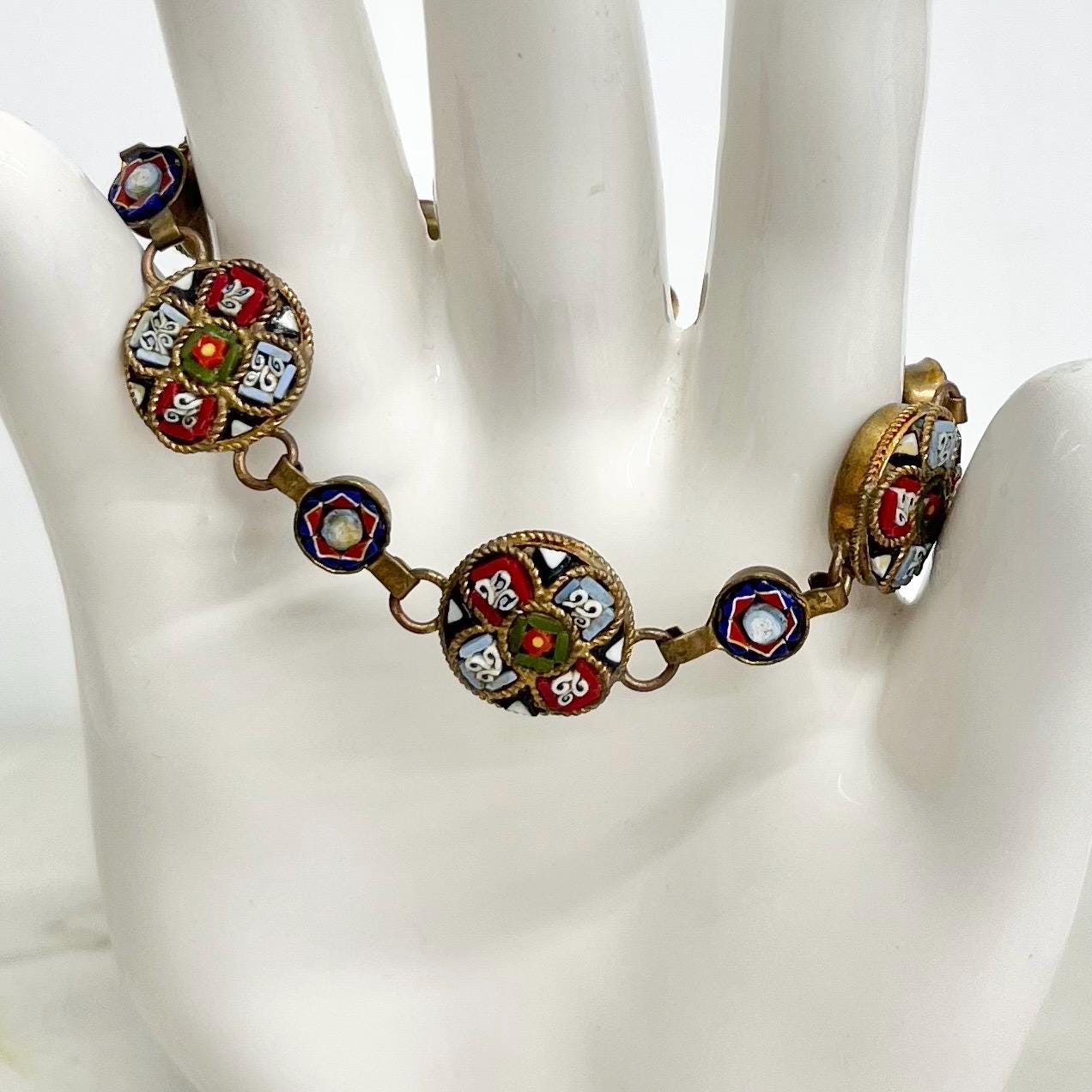 Italian Micro Mosaic Bracelet : Vintagr Glass Tiled Mosaics in a Brass Setting 7.5” Long MillyOliverVintage