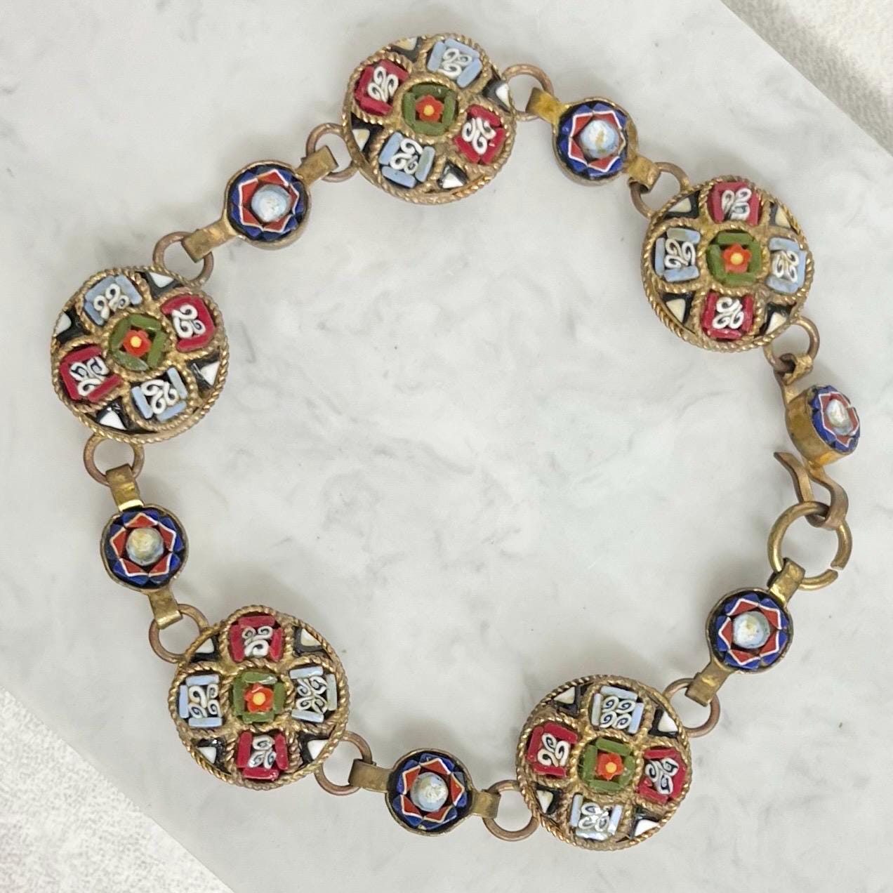 Italian Micro Mosaic Bracelet : Vintagr Glass Tiled Mosaics in a Brass Setting 7.5” Long MillyOliverVintage