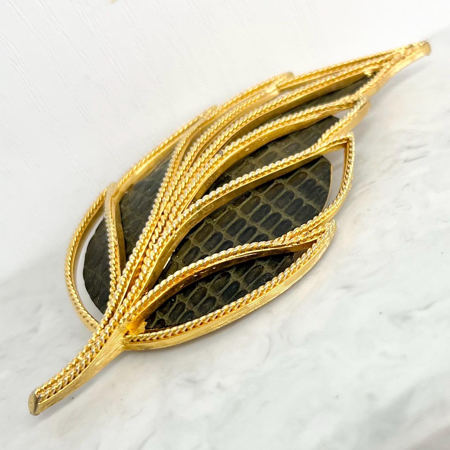 Unusual Leaf Shaped Leather Backed Gold Plated Brooch : Vintage MillyOliverVintage