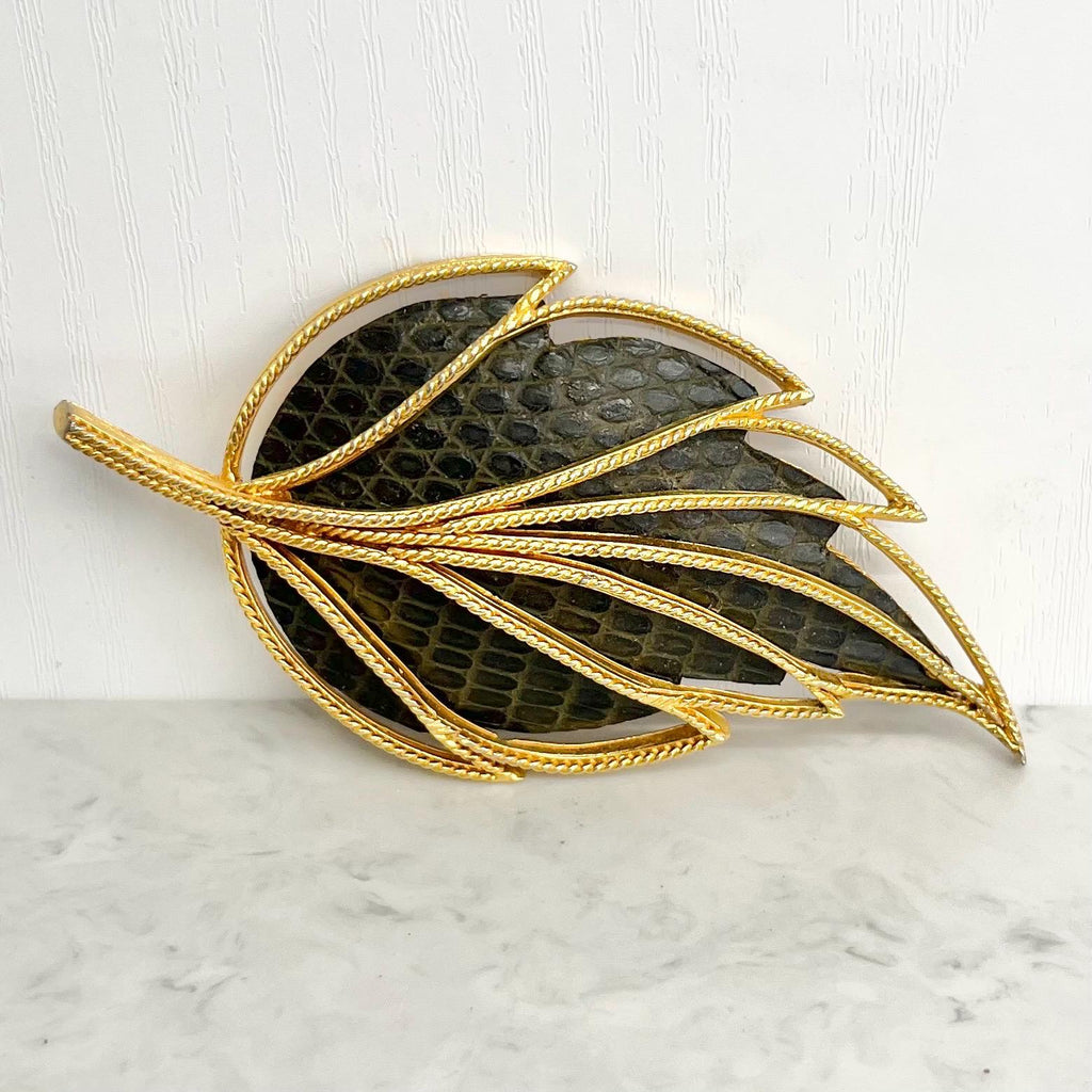 Unusual Leaf Shaped Leather Backed Gold Plated Brooch : Vintage MillyOliverVintage