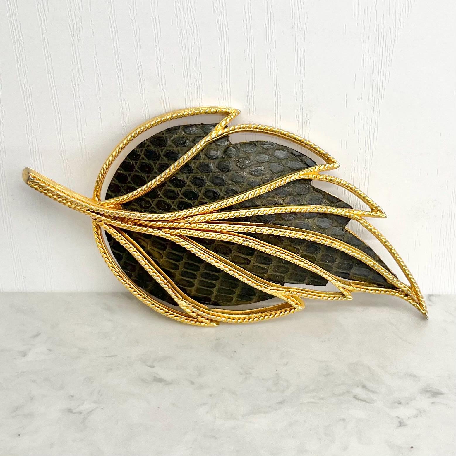 Unusual Leaf Shaped Leather Backed Gold Plated Brooch : Vintage MillyOliverVintage