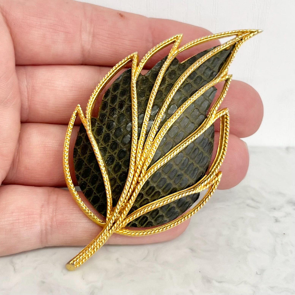 Unusual Leaf Shaped Leather Backed Gold Plated Brooch : Vintage MillyOliverVintage