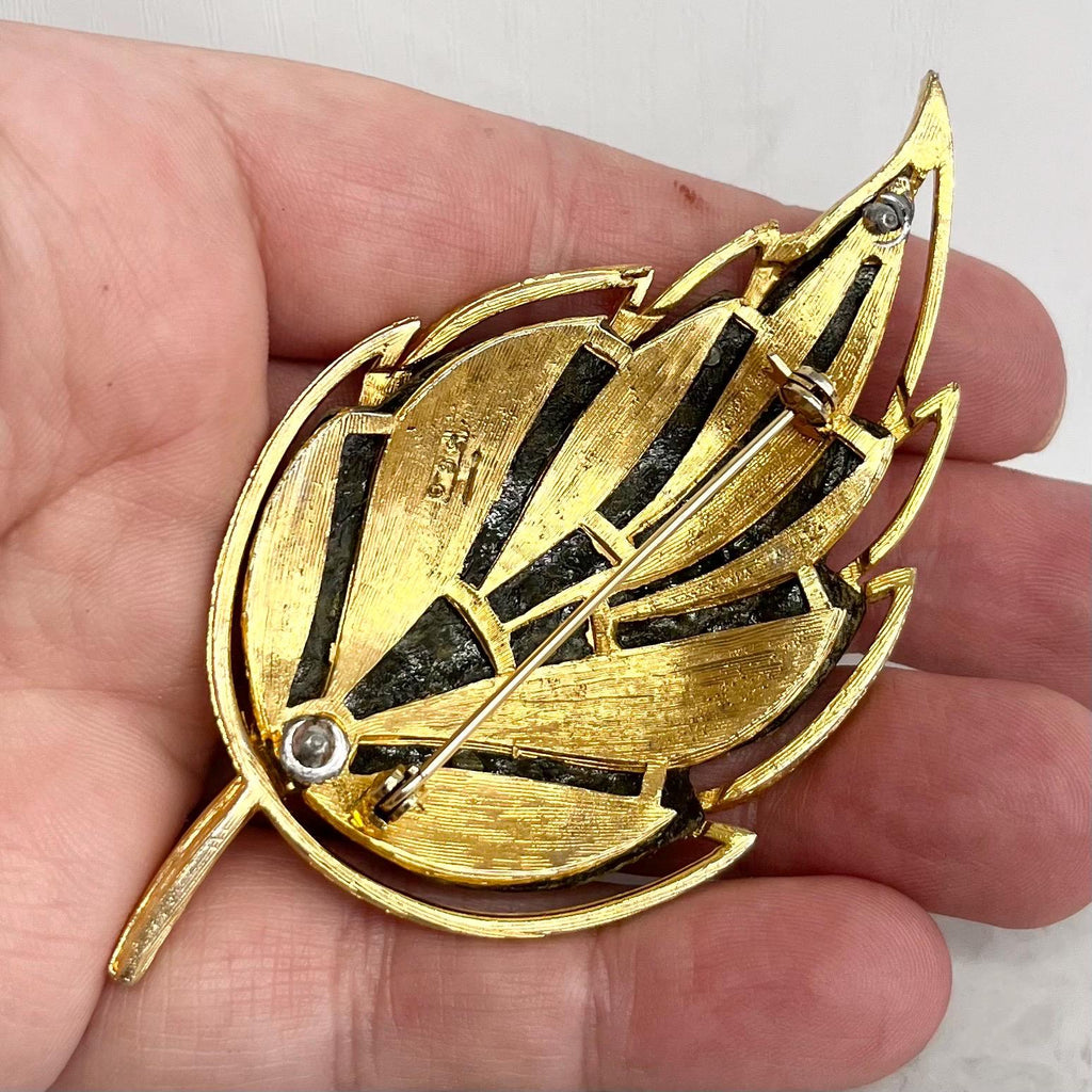 Unusual Leaf Shaped Leather Backed Gold Plated Brooch : Vintage MillyOliverVintage