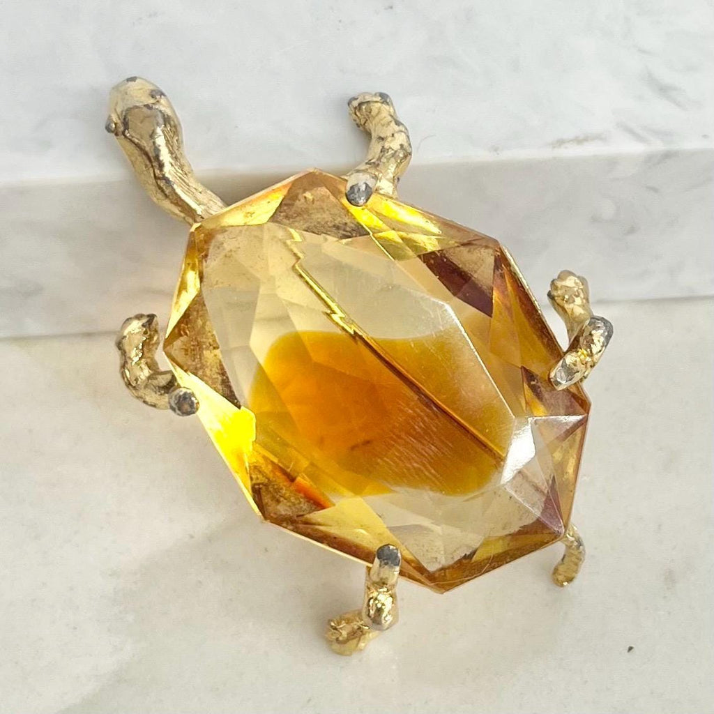 Vintage Gold Plated Turtle / Tortoise Brooch with a Large Faceted Topaz Coloured Glass Stone MillyOliverVintage