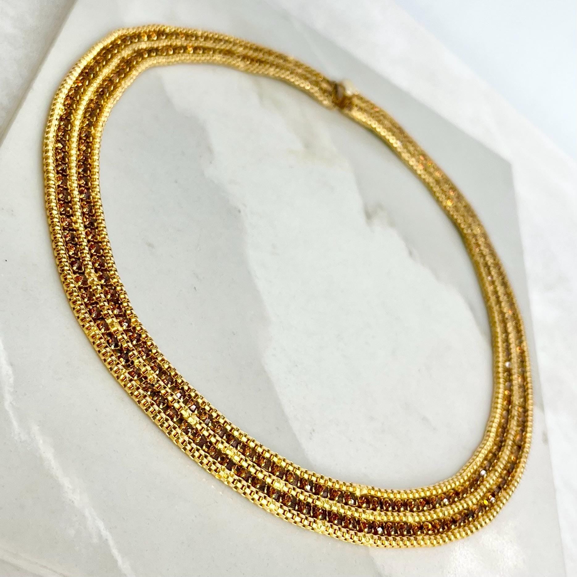 Vintage Gold Plated Brown Diamante Crystal Mesh Chain Collar Necklace 1980’s - 1990’s MillyOliverVintage