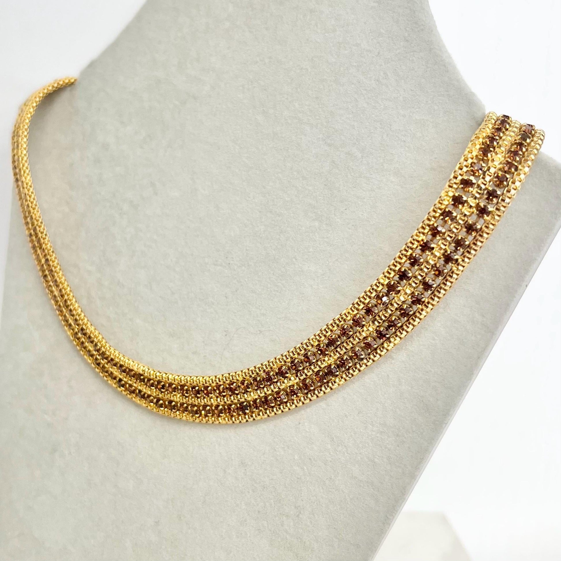 Vintage Gold Plated Brown Diamante Crystal Mesh Chain Collar Necklace 1980’s - 1990’s MillyOliverVintage