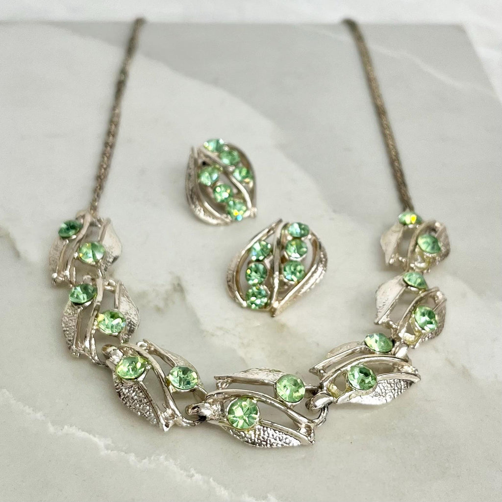 Vintage Green Uranium Glass Crystal Trio Necklace & Clip On Earrings Set UV Reactive Glow MillyOliverVintage