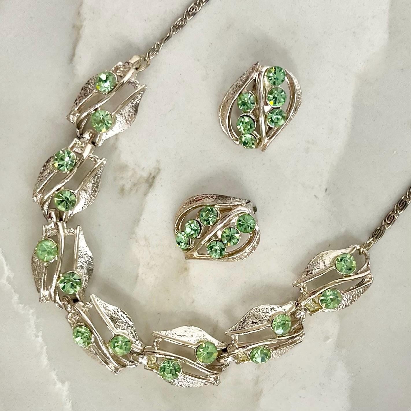 Vintage Green Uranium Glass Crystal Trio Necklace & Clip On Earrings Set UV Reactive Glow MillyOliverVintage