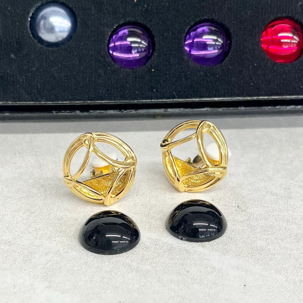 Vintage Joan Rivers Interchangeable Clip On Earrings Gold Plated with Ten Changeable Multi Coloured Cabochons MillyOliverVintage