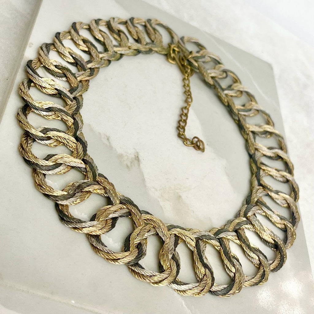 Three Tone Flat Chain Collar Necklace 1970’s - 1980’s Statement Power Chain 17” Long 30mm Wide MillyOliverVintage