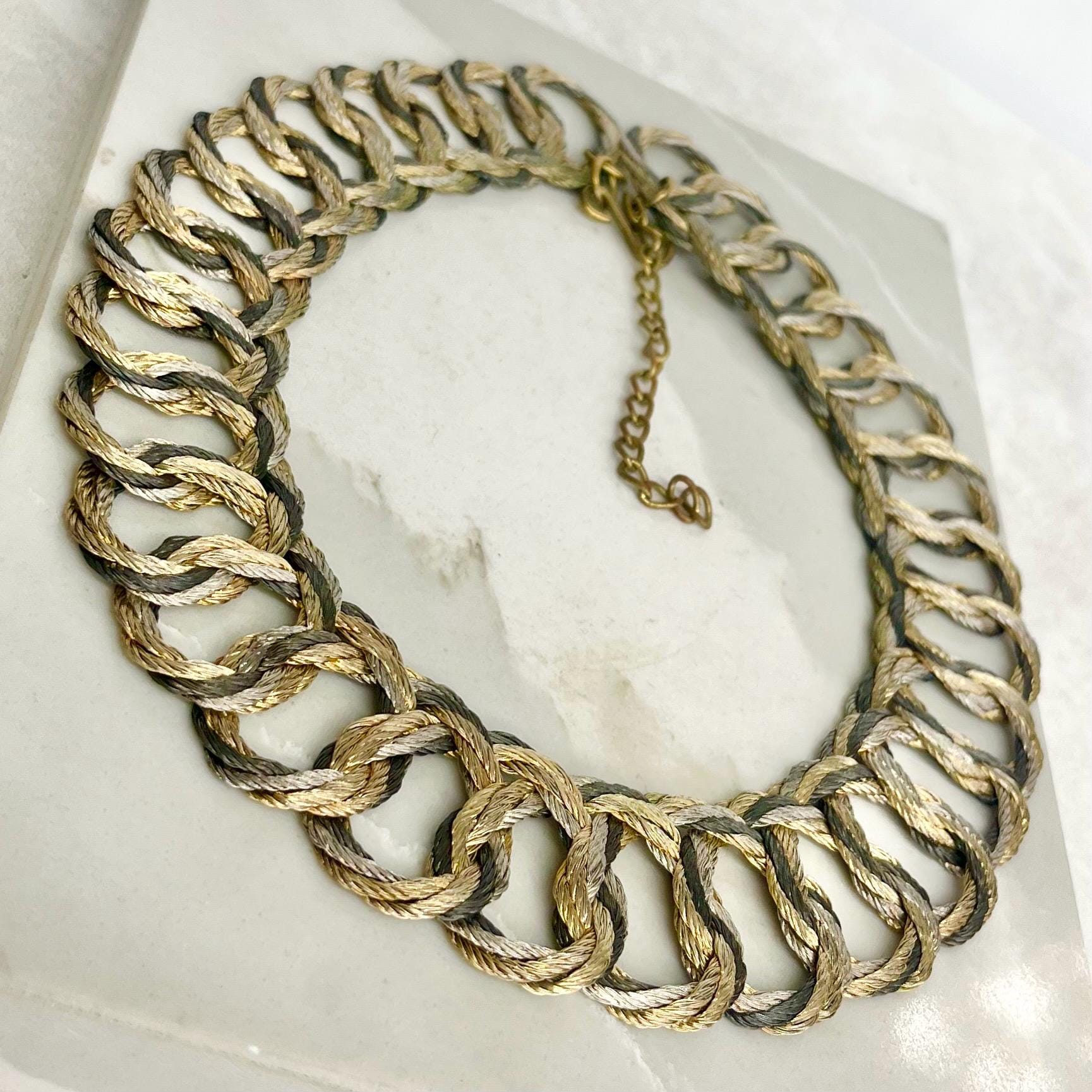 Three Tone Flat Chain Collar Necklace 1970’s - 1980’s Statement Power Chain 17” Long 30mm Wide MillyOliverVintage