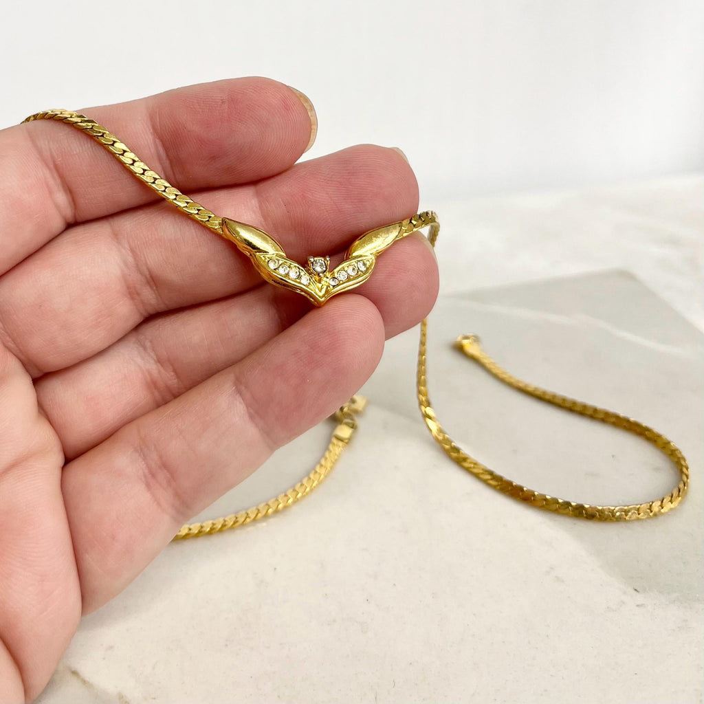 Pierre Cardin Gold Plate V Chain Crystal Necklace : Vintage Sparkling Jewellery MillyOliverVintage