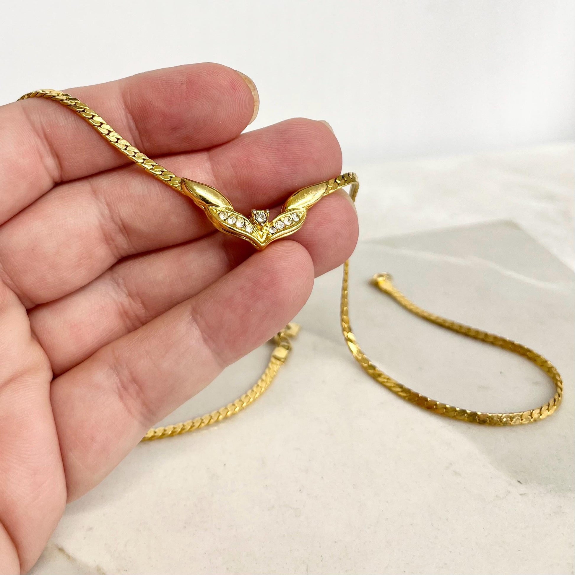 Pierre Cardin Gold Plate V Chain Crystal Necklace : Vintage Sparkling Jewellery MillyOliverVintage