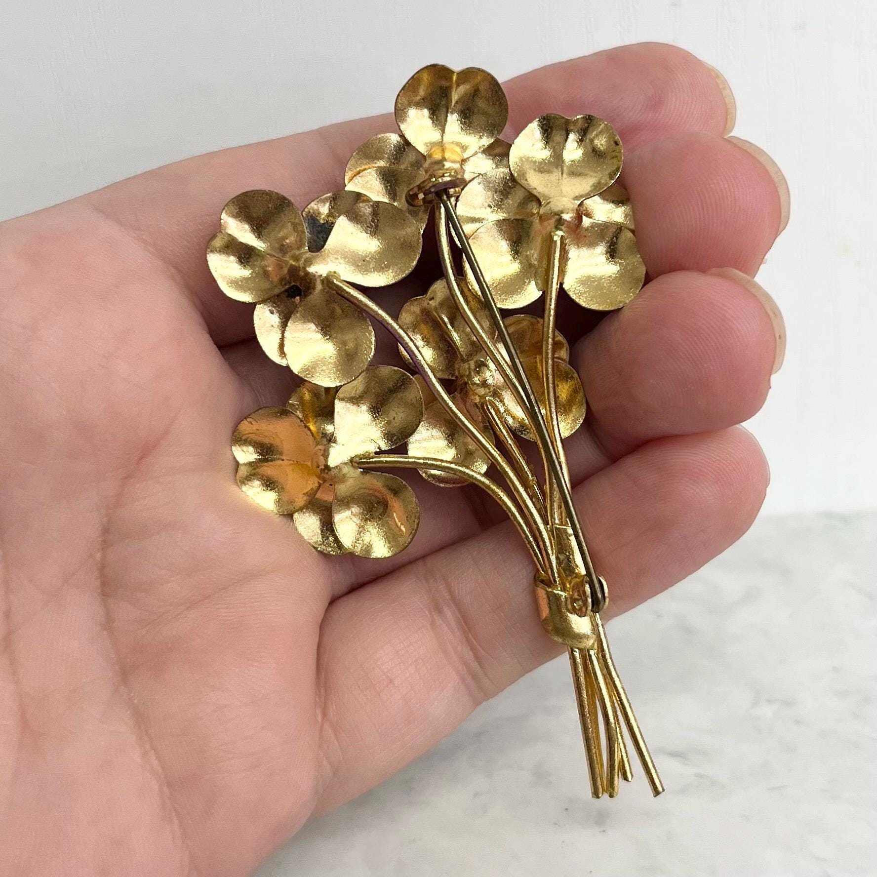 Large Gold Tone Purple Pansy Brooch : Vintage with Enamel and Crystal Accents MillyOliverVintage