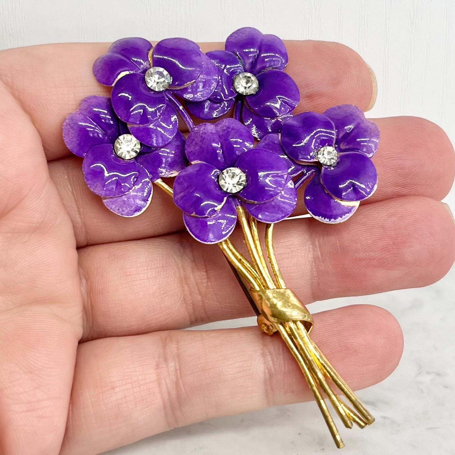 Large Gold Tone Purple Pansy Brooch : Vintage with Enamel and Crystal Accents MillyOliverVintage