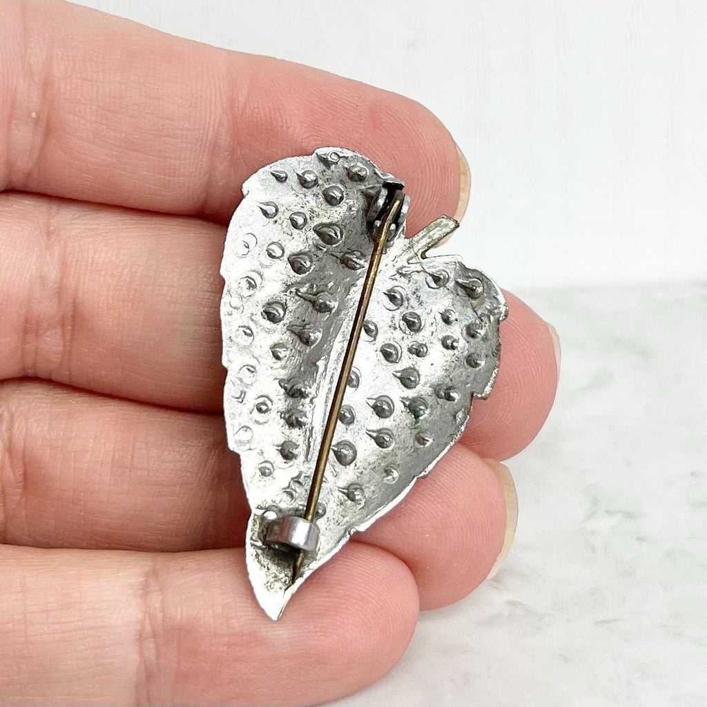 Green Uranium Crystal Leaf Brooch : Vintage Silver Tone UV Reactive Rhinestone Jewellery MillyOliverVintage