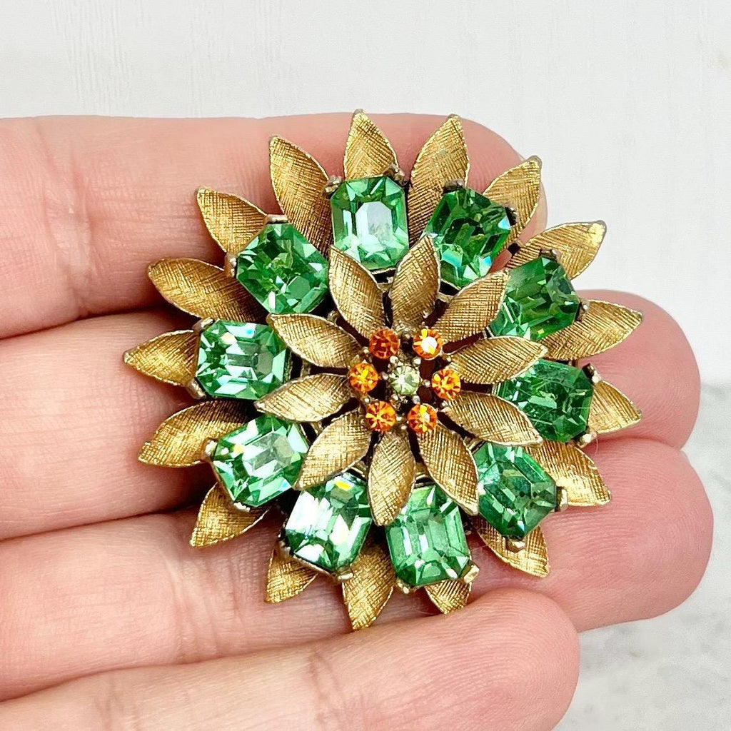 Green Uranium Crystal Sunflower Brooch : Vintage UV Reactive Gold Tone Jewellery Signed Hollywood MillyOliverVintage