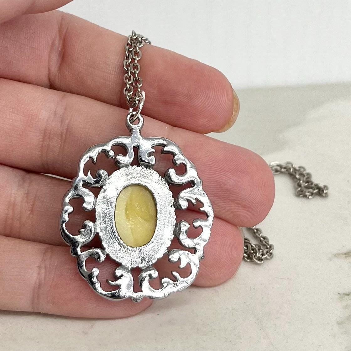 Yellow Uranium Czech Glass Pendant on a 24” Chain with a Uranium Glass Cabochon UV Reactive Glow MillyOliverVintage