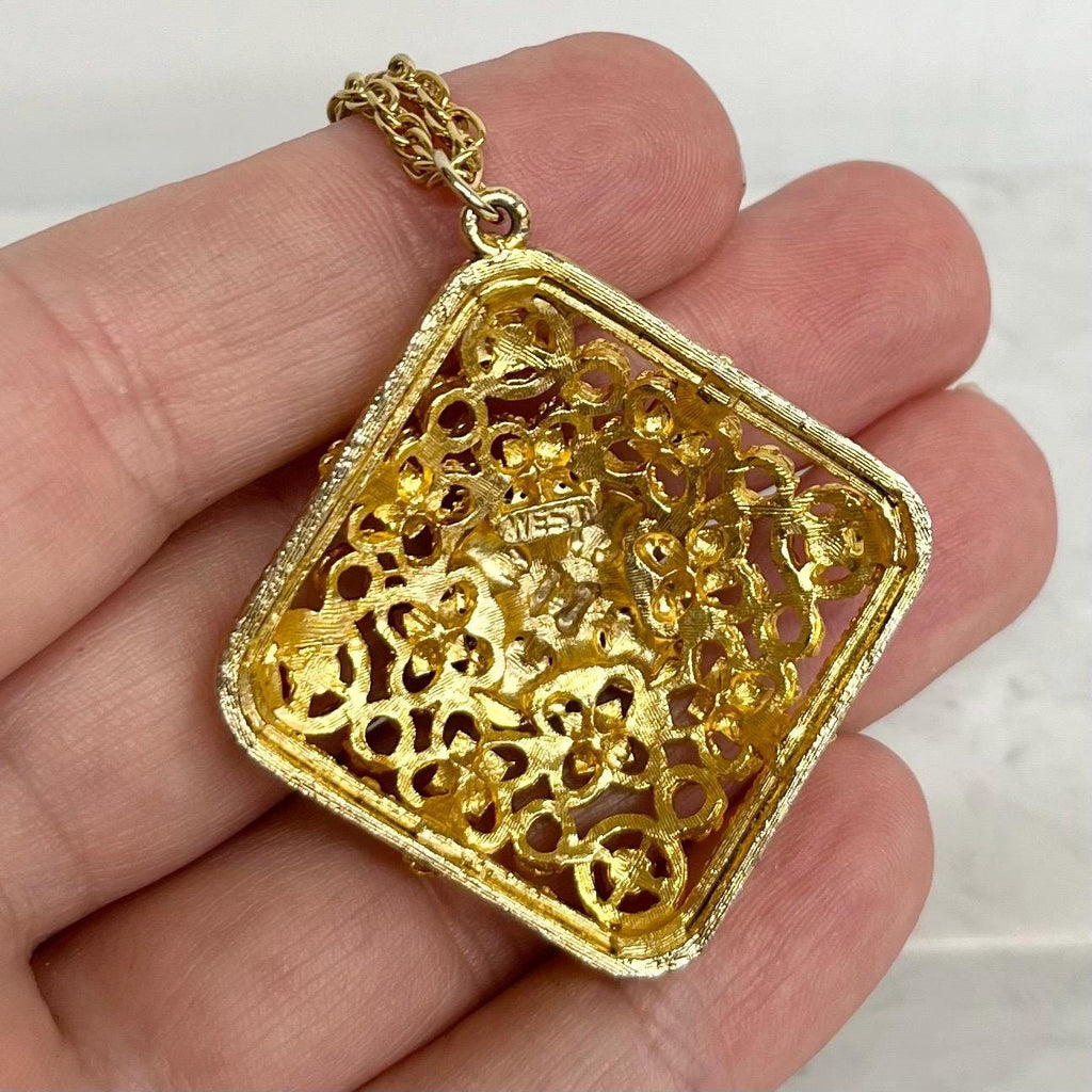Rhinestone Pendant Necklace : Vintage Gold Tone with Diamante Accents and a 24” Chain MillyOliverVintage