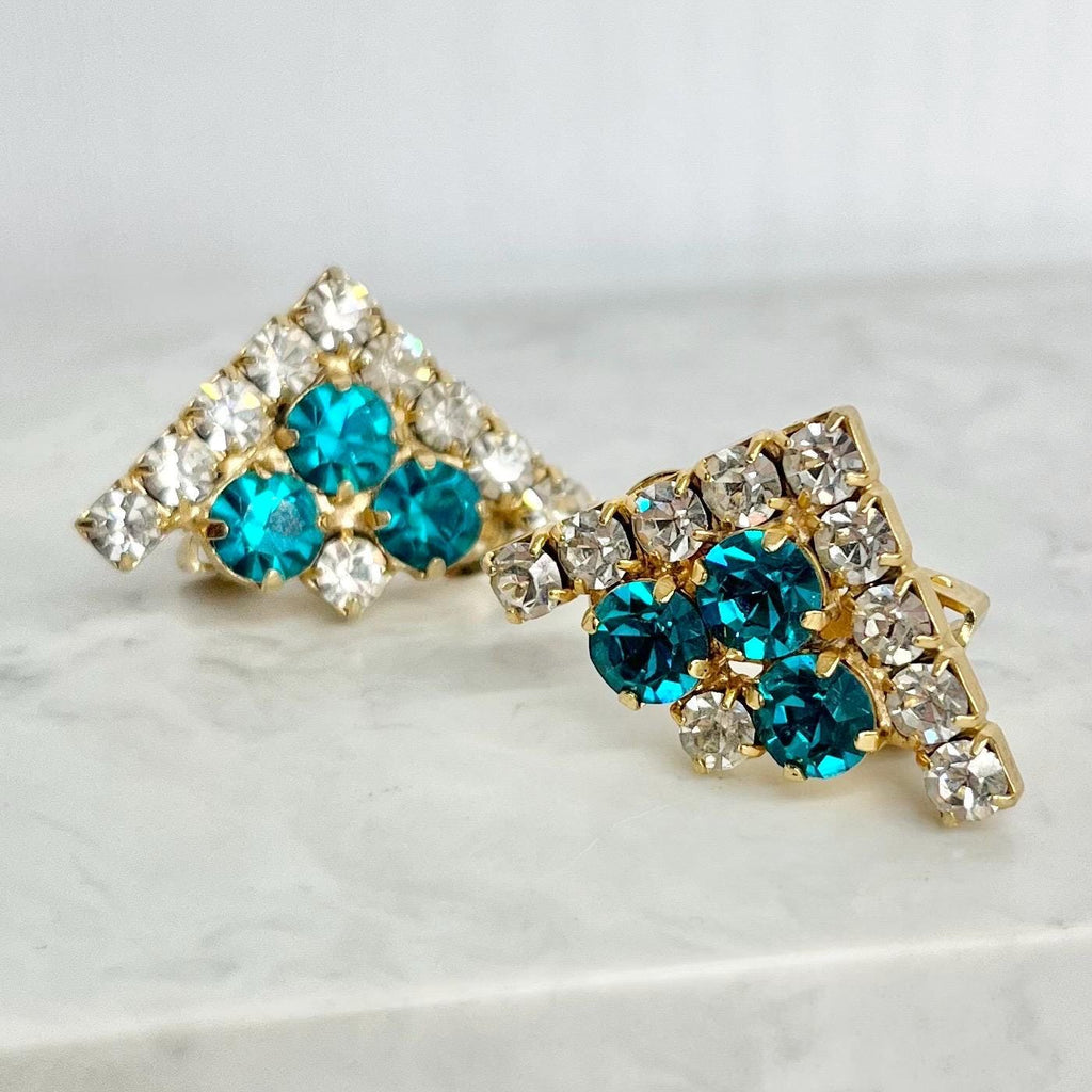 Turquoise Rhinestone Crystal Triangle Clip On Earrings : Vintage Glamour with Clear Crystal Accents MillyOliverVintage