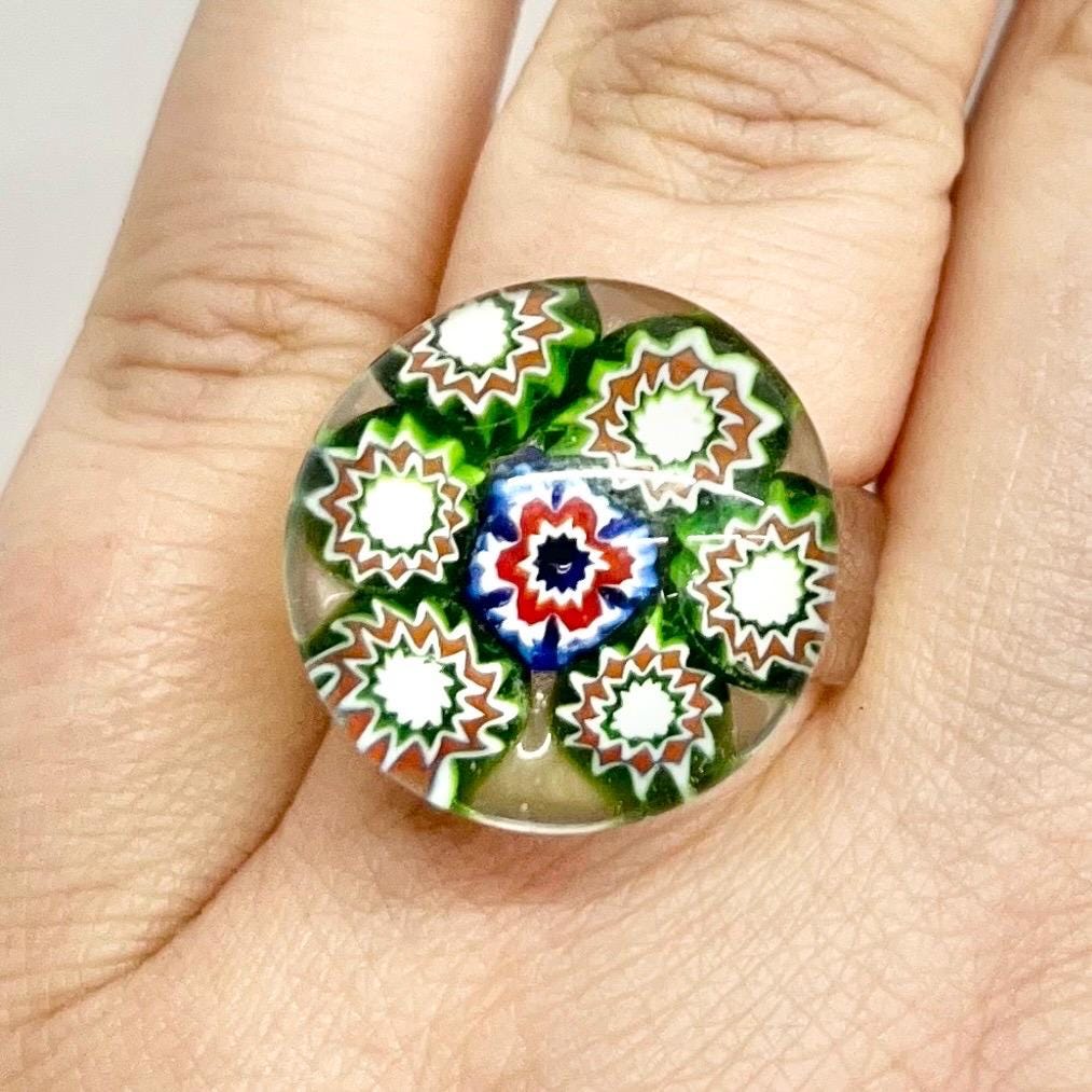 Vintage Murano Millefiori Glass Ring : Pure Handblown Glass with Green Millefiori Flowers Size O MillyOliverVintage