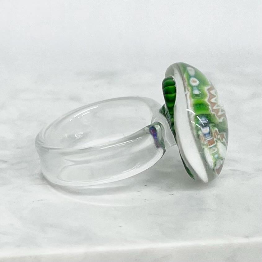 Vintage Murano Millefiori Glass Ring : Pure Handblown Glass with Green Millefiori Flowers Size O MillyOliverVintage