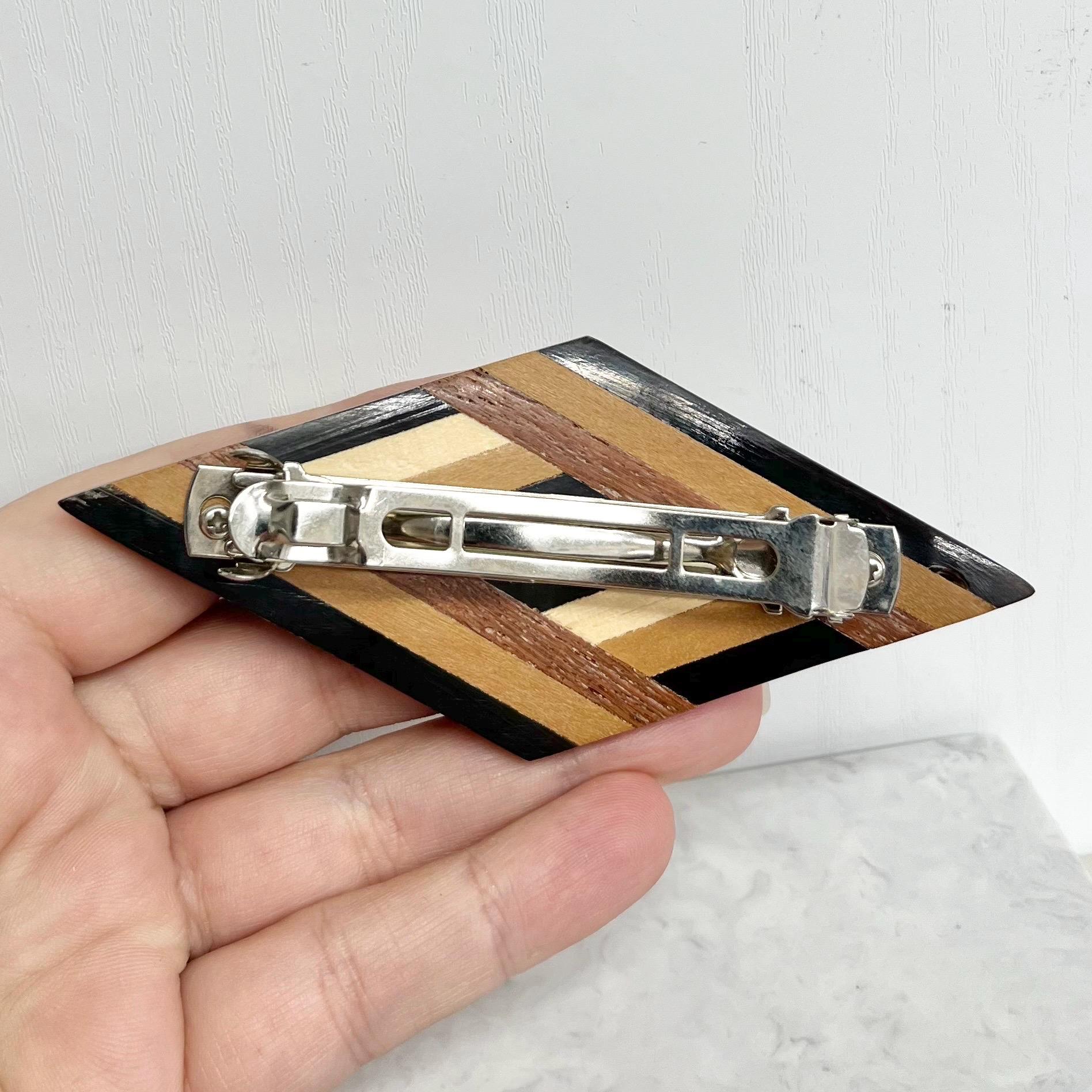 Vintage Wooden Marquetry Inlaid Large Diamond Shape Hair Barrette Clip MillyOliverVintage
