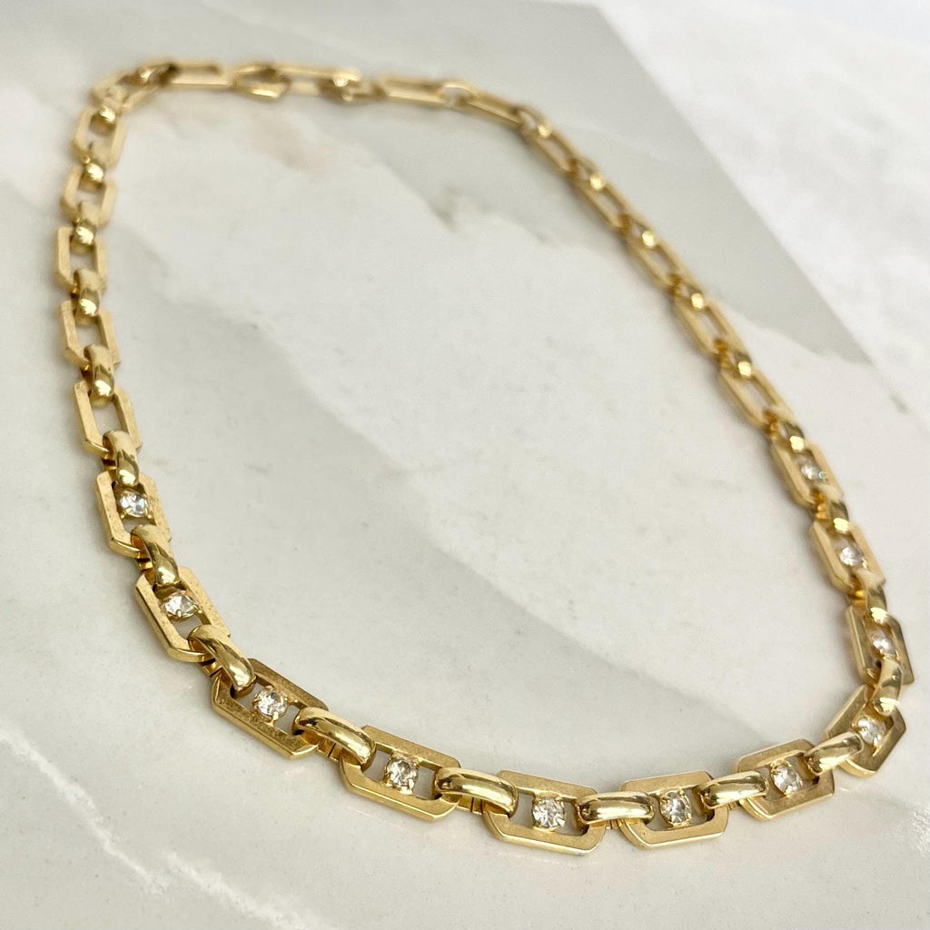 Fancy Chain Necklace : Vintage 1980’s 1990’s Set With Diamante Crystal Rhinestones Gold Plate 16” MillyOliverVintage