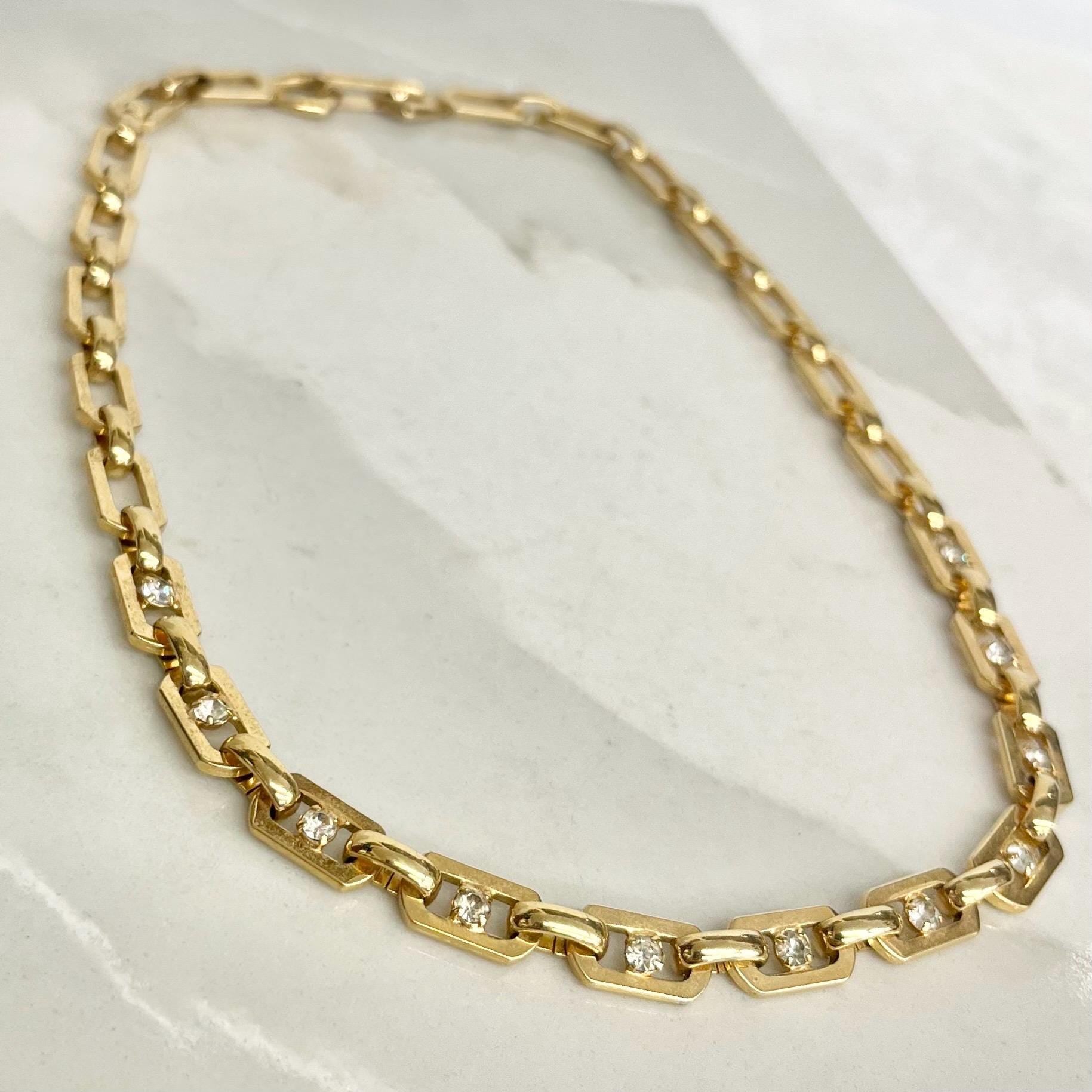 Fancy Chain Necklace : Vintage 1980’s 1990’s Set With Diamante Crystal Rhinestones Gold Plate 16” MillyOliverVintage