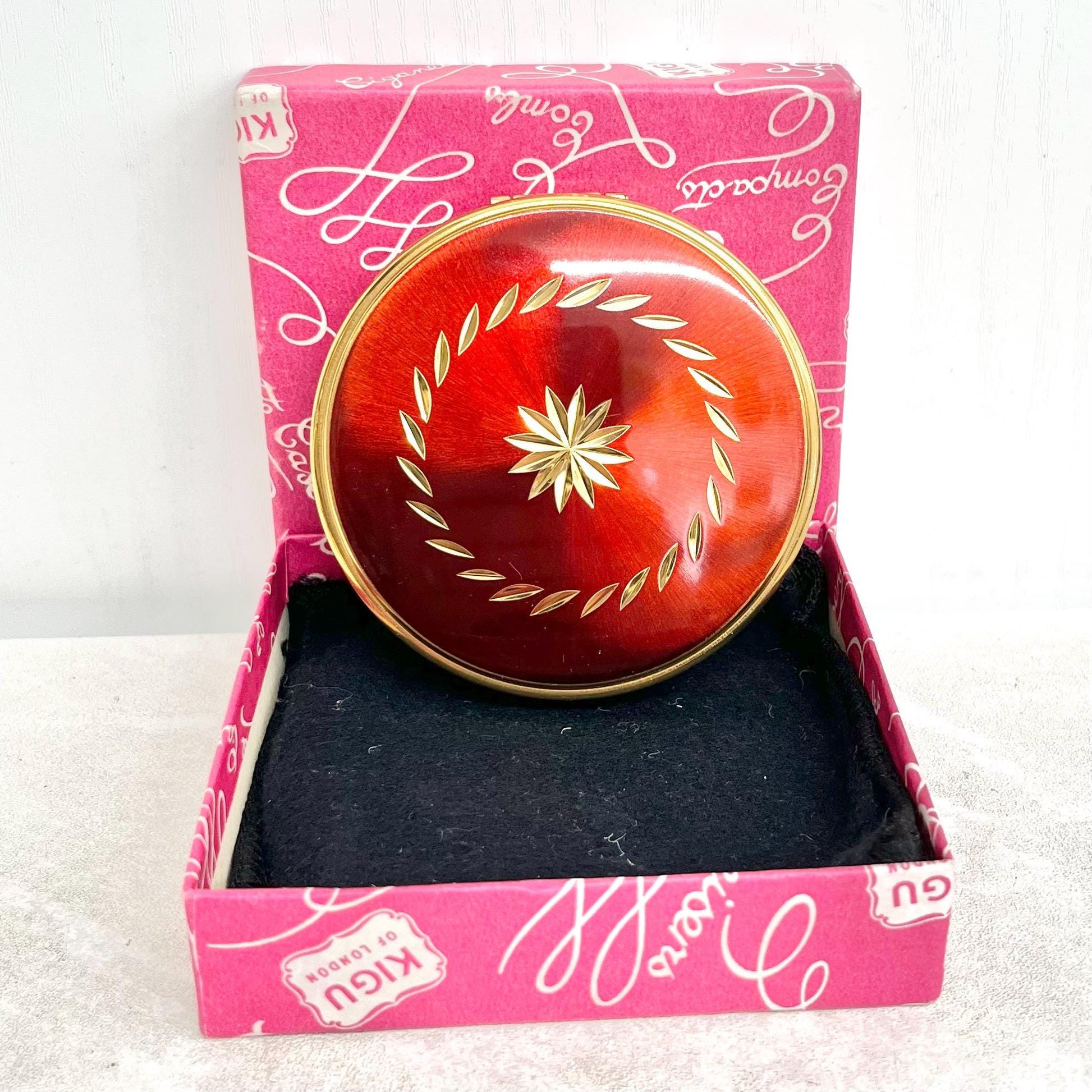 Vintage 1950’s 1960’s Kigu Plus Gold Red Enamel Compact with Original Box Mirror & an Engine Turned Back MillyOliverVintage