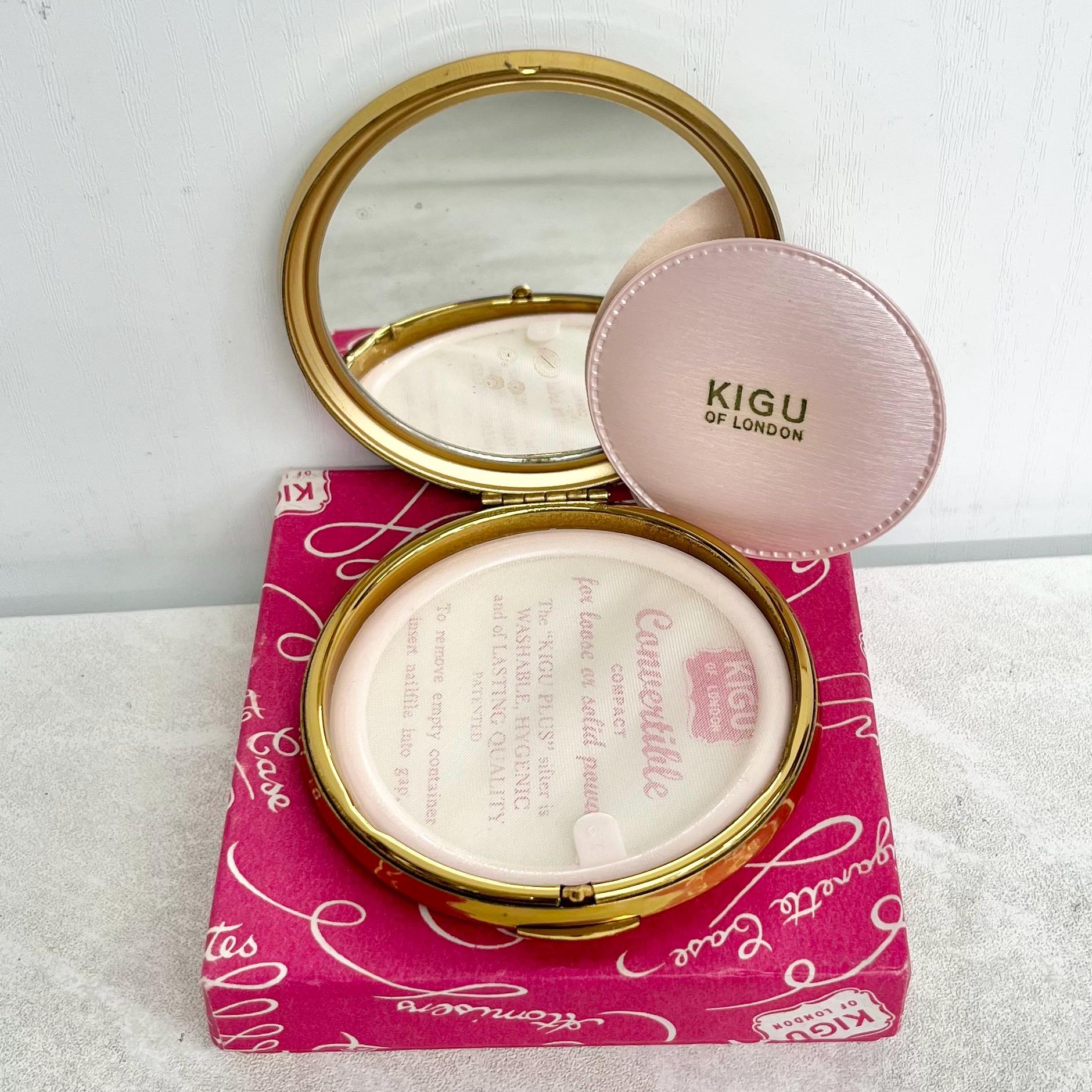 Vintage 1950’s 1960’s Kigu Plus Gold Red Enamel Compact with Original Box Mirror & an Engine Turned Back MillyOliverVintage