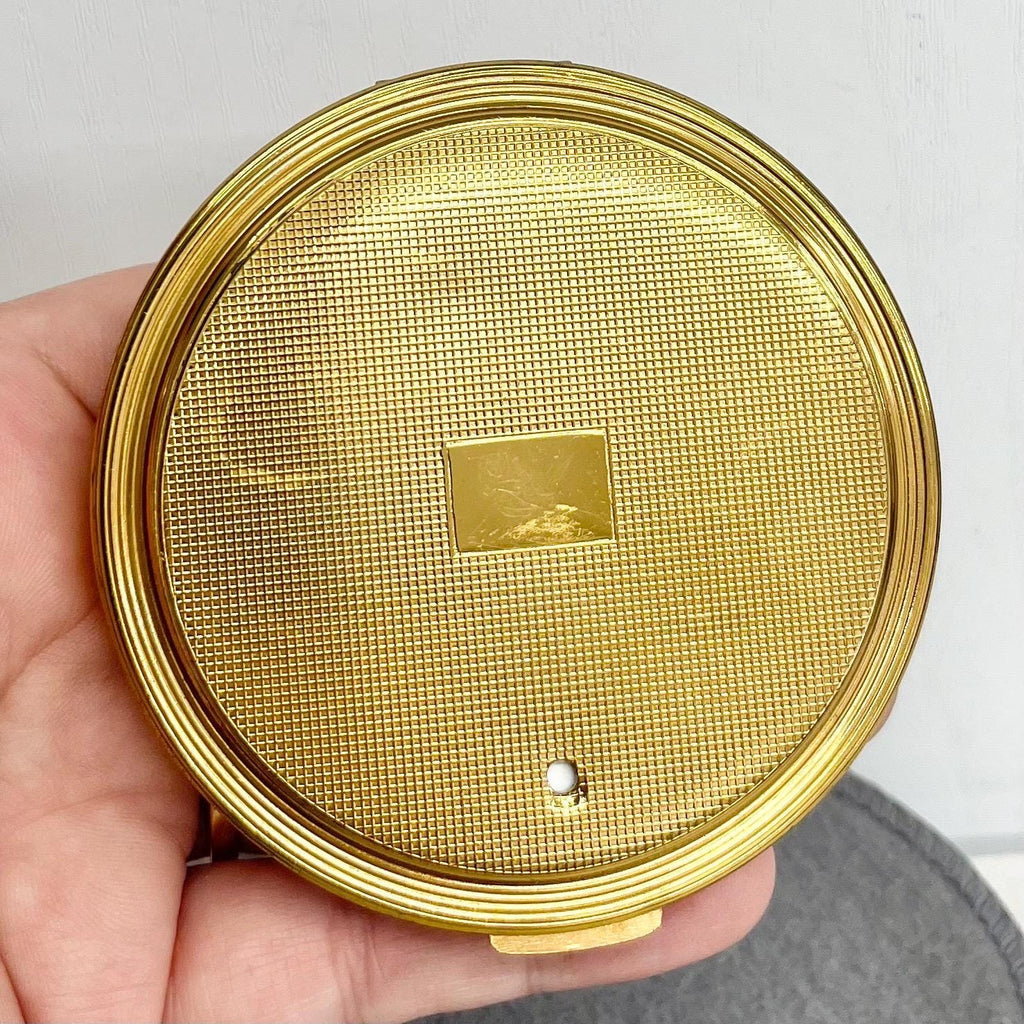 Vintage Compact Gold Tone Mother of Pearl Effect Floral Design with Mirror, Engine Turned Back & Pouch MillyOliverVintage