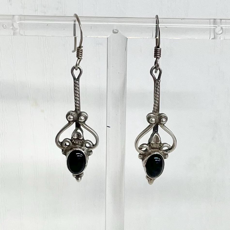 Sterling Silver Ethnic Black Onyx Drop Earrings : Vintage MillyOliverVintage