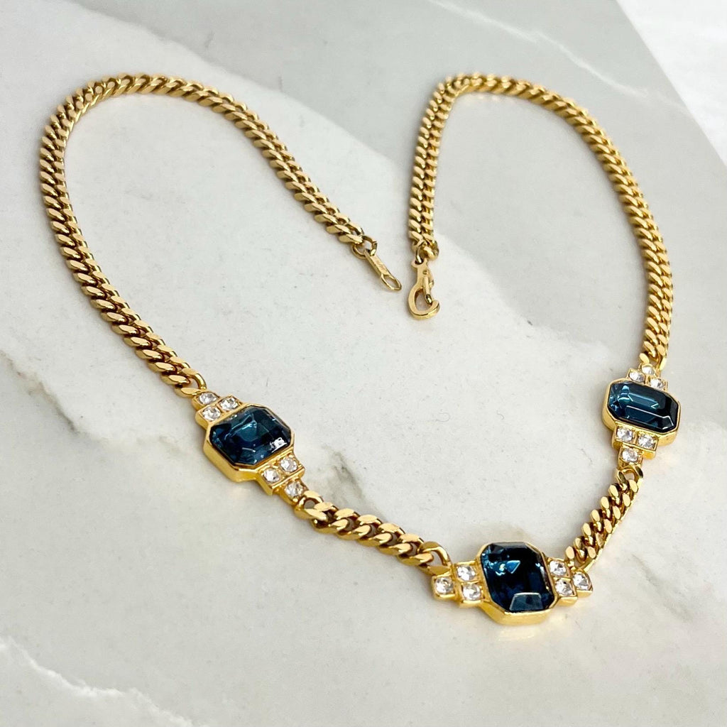 Sapphire Diamante Crystal Gold Plated Chain Necklace : Vintage 1980’s - 1990’s Statement Power Chain 16” MillyOliverVintage