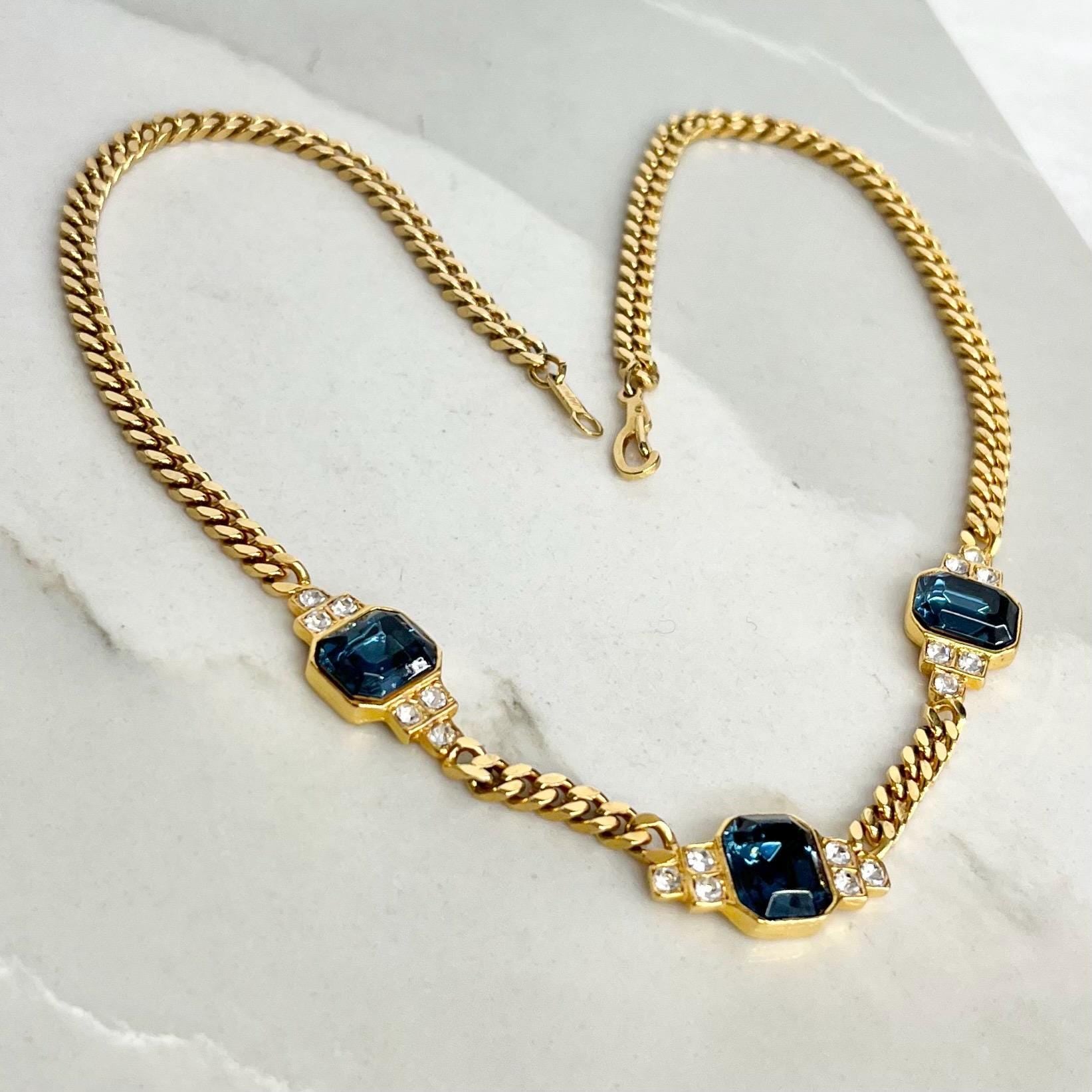 Sapphire Diamante Crystal Gold Plated Chain Necklace : Vintage 1980’s - 1990’s Statement Power Chain 16” MillyOliverVintage