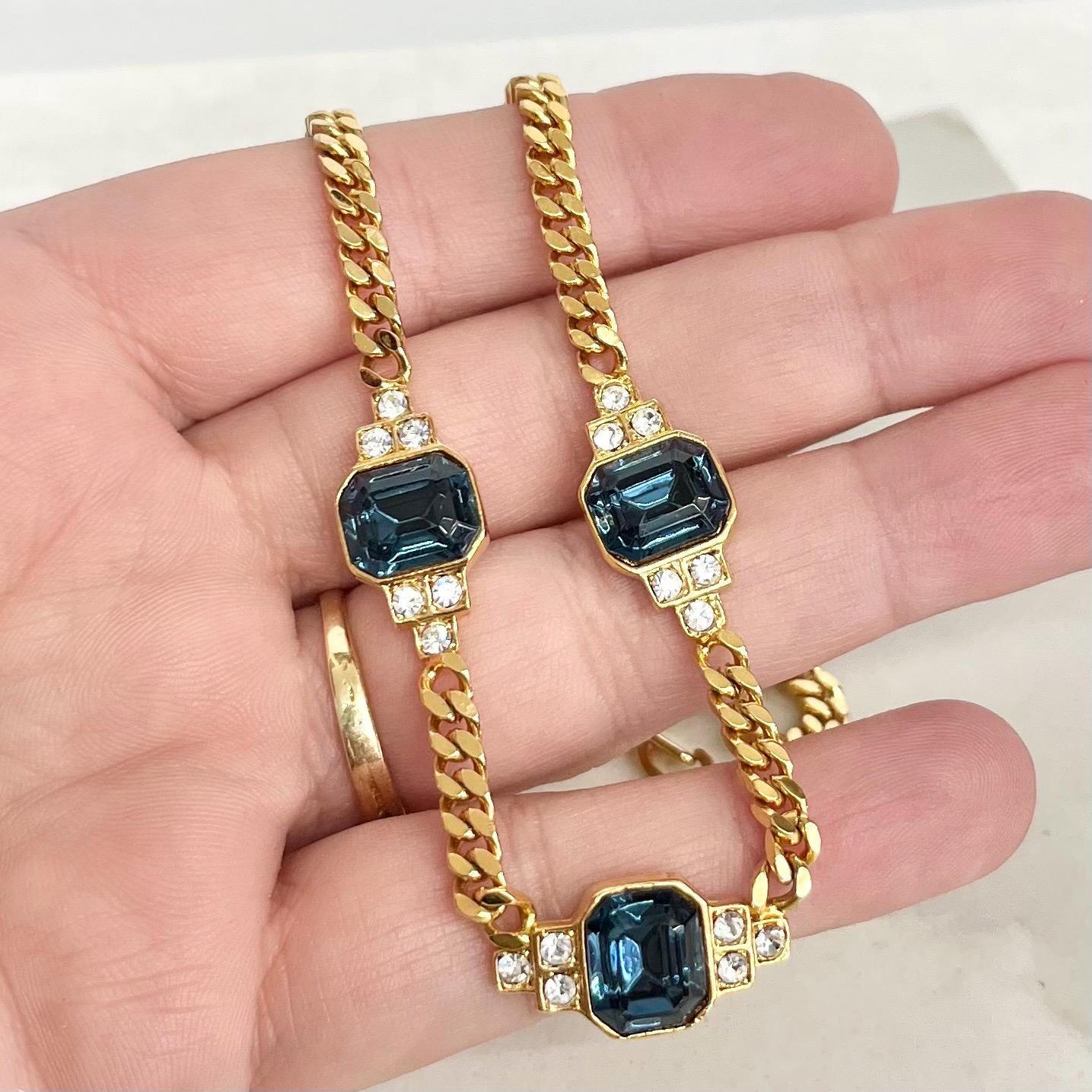 Sapphire Diamante Crystal Gold Plated Chain Necklace : Vintage 1980’s - 1990’s Statement Power Chain 16” MillyOliverVintage