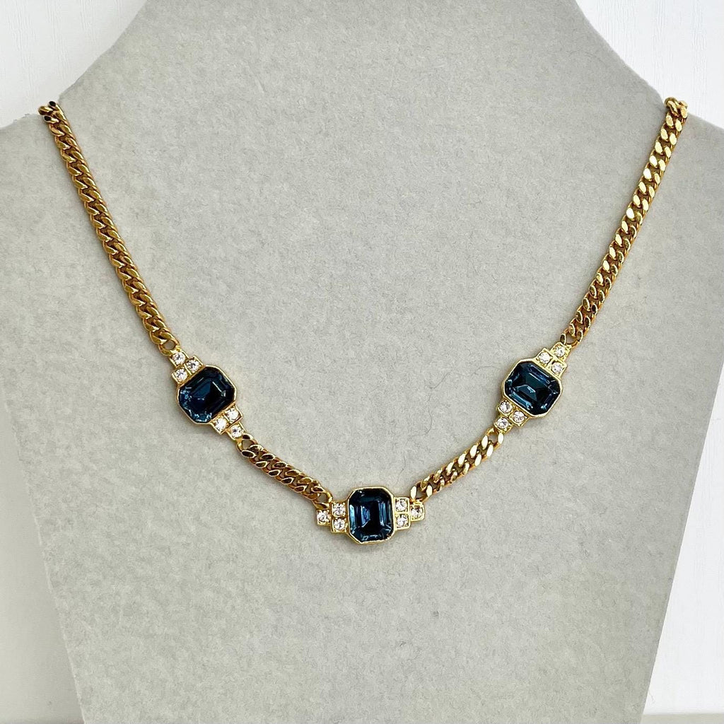 Sapphire Diamante Crystal Gold Plated Chain Necklace : Vintage 1980’s - 1990’s Statement Power Chain 16” MillyOliverVintage