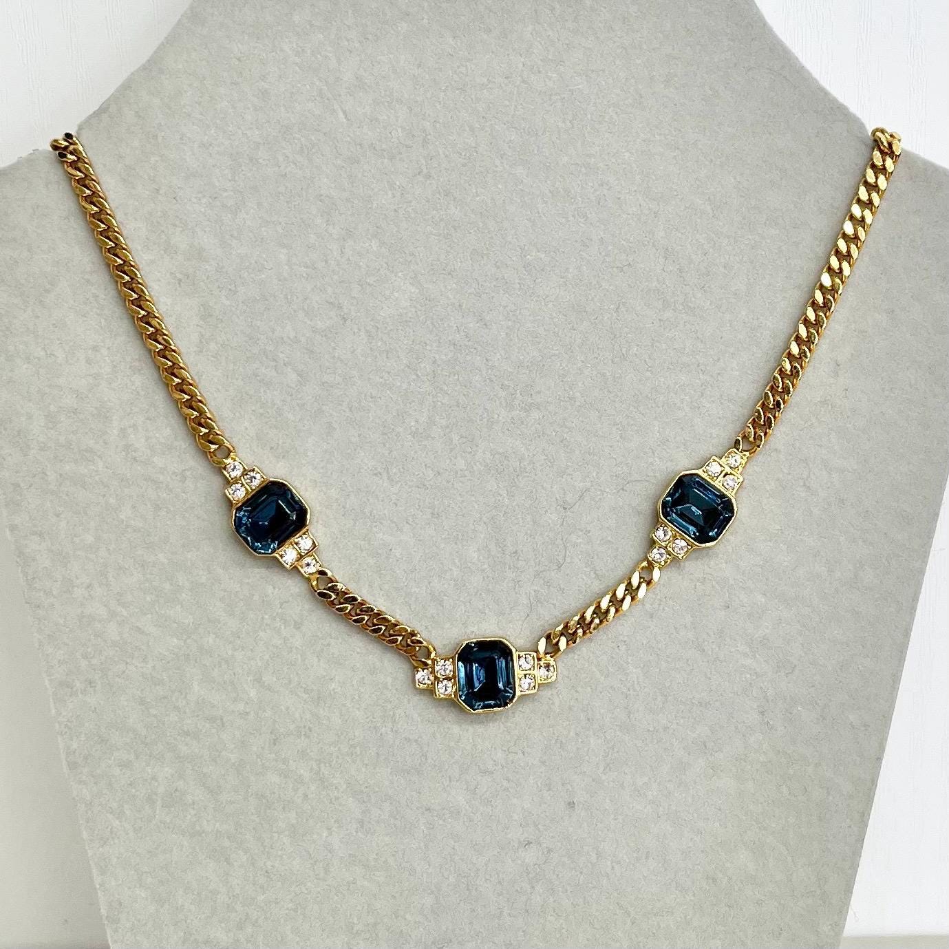 Sapphire Diamante Crystal Gold Plated Chain Necklace : Vintage 1980’s - 1990’s Statement Power Chain 16” MillyOliverVintage
