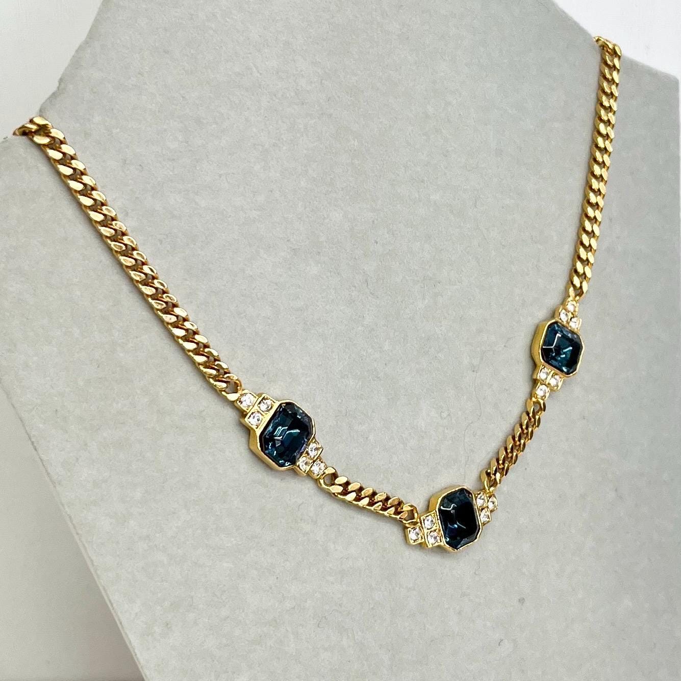Sapphire Diamante Crystal Gold Plated Chain Necklace : Vintage 1980’s - 1990’s Statement Power Chain 16” MillyOliverVintage