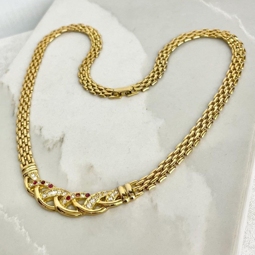 Red Clear Diamante Crystal Gold Plated Panther Chain Necklace : Vintage 1980’s - 1990’s Statement Power Chain 18” MillyOliverVintage