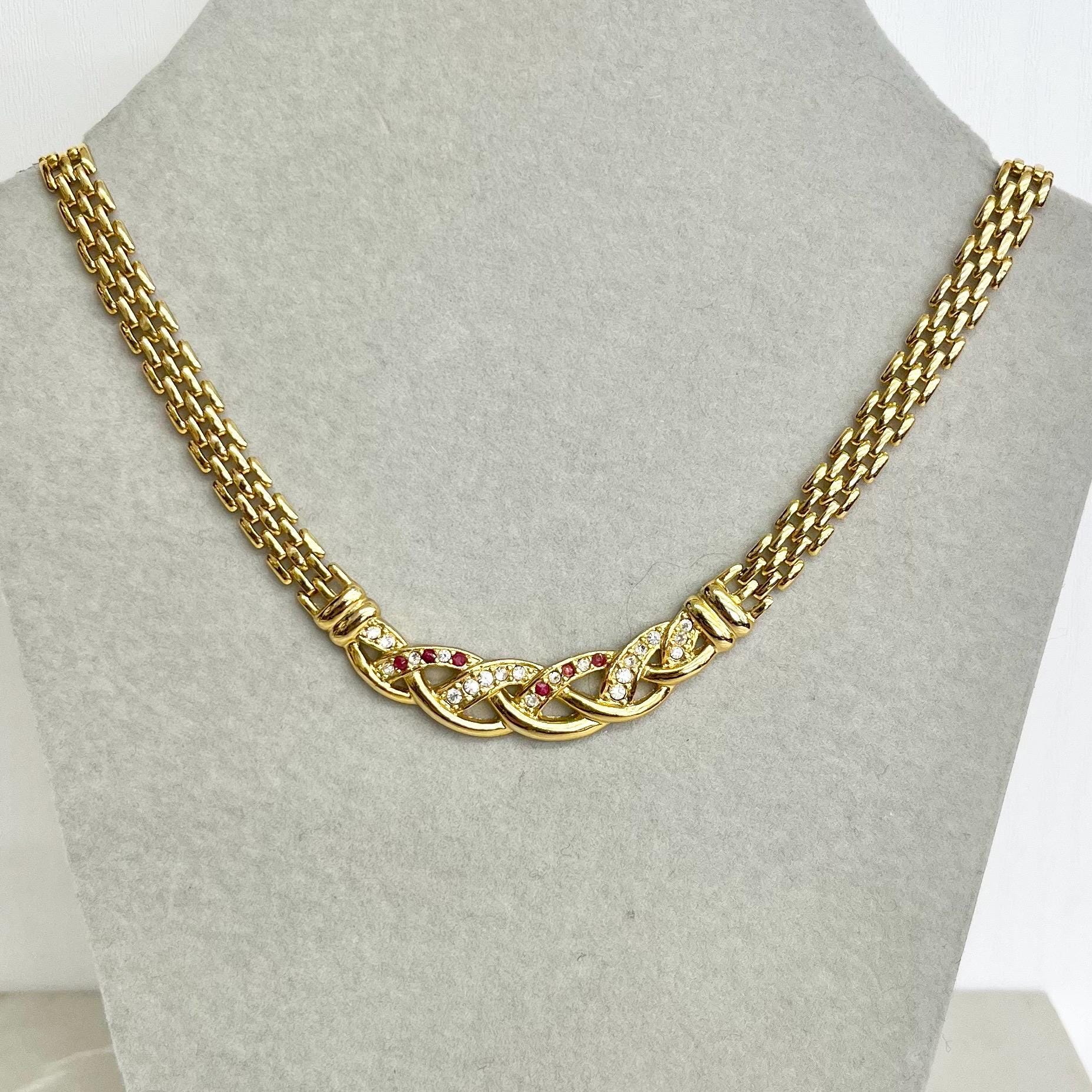 Red Clear Diamante Crystal Gold Plated Panther Chain Necklace : Vintage 1980’s - 1990’s Statement Power Chain 18” MillyOliverVintage