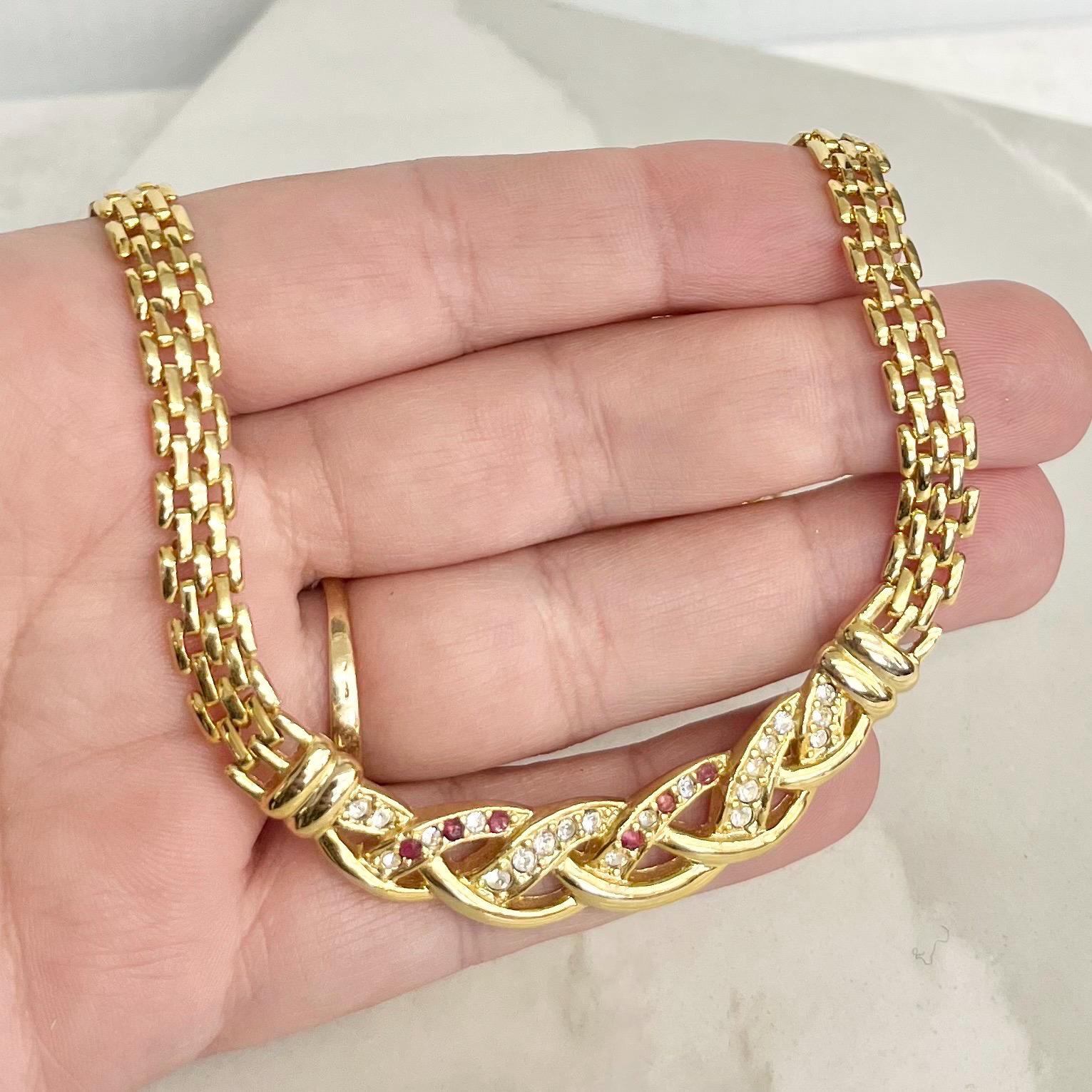 Red Clear Diamante Crystal Gold Plated Panther Chain Necklace : Vintage 1980’s - 1990’s Statement Power Chain 18” MillyOliverVintage