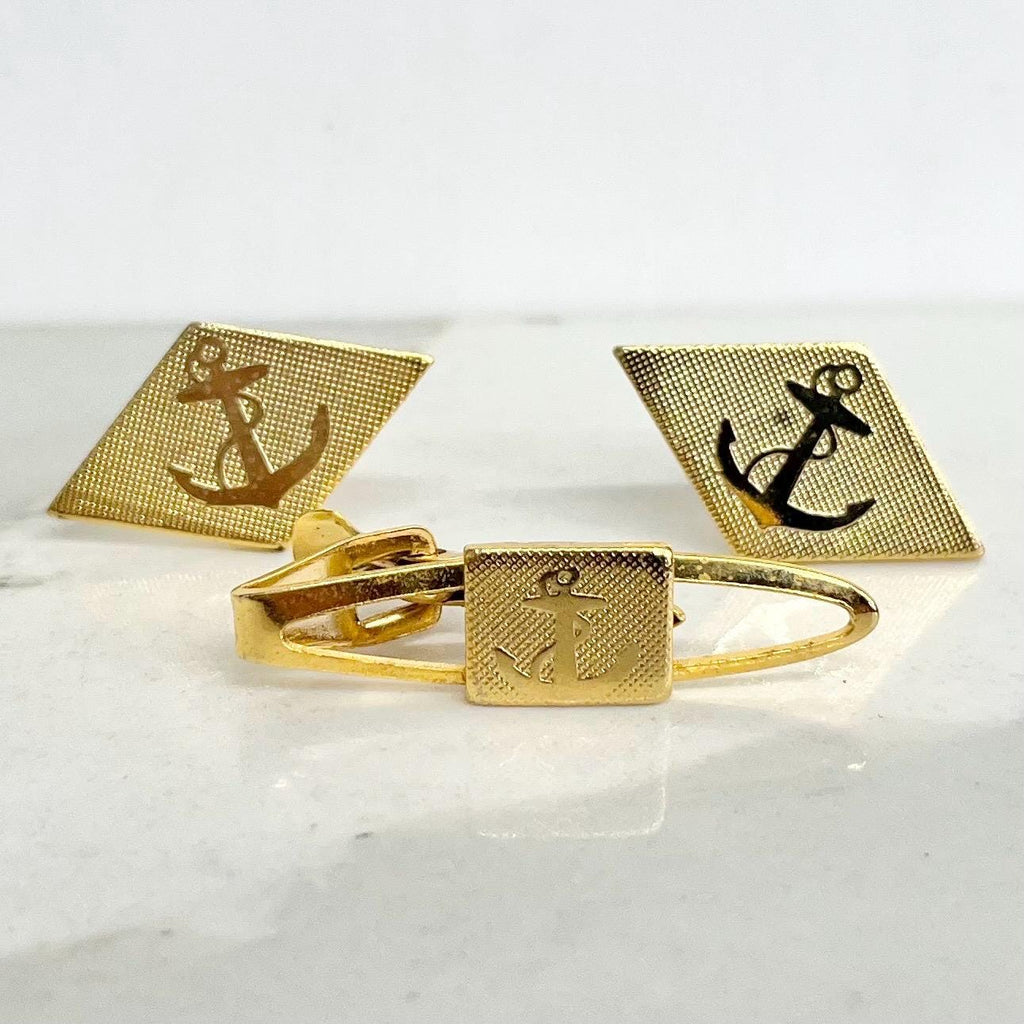 Vintage Gold Plated Anchor Cufflinks and Tie Pin : The Tailored Look for Men Sailor Themed MillyOliverVintage